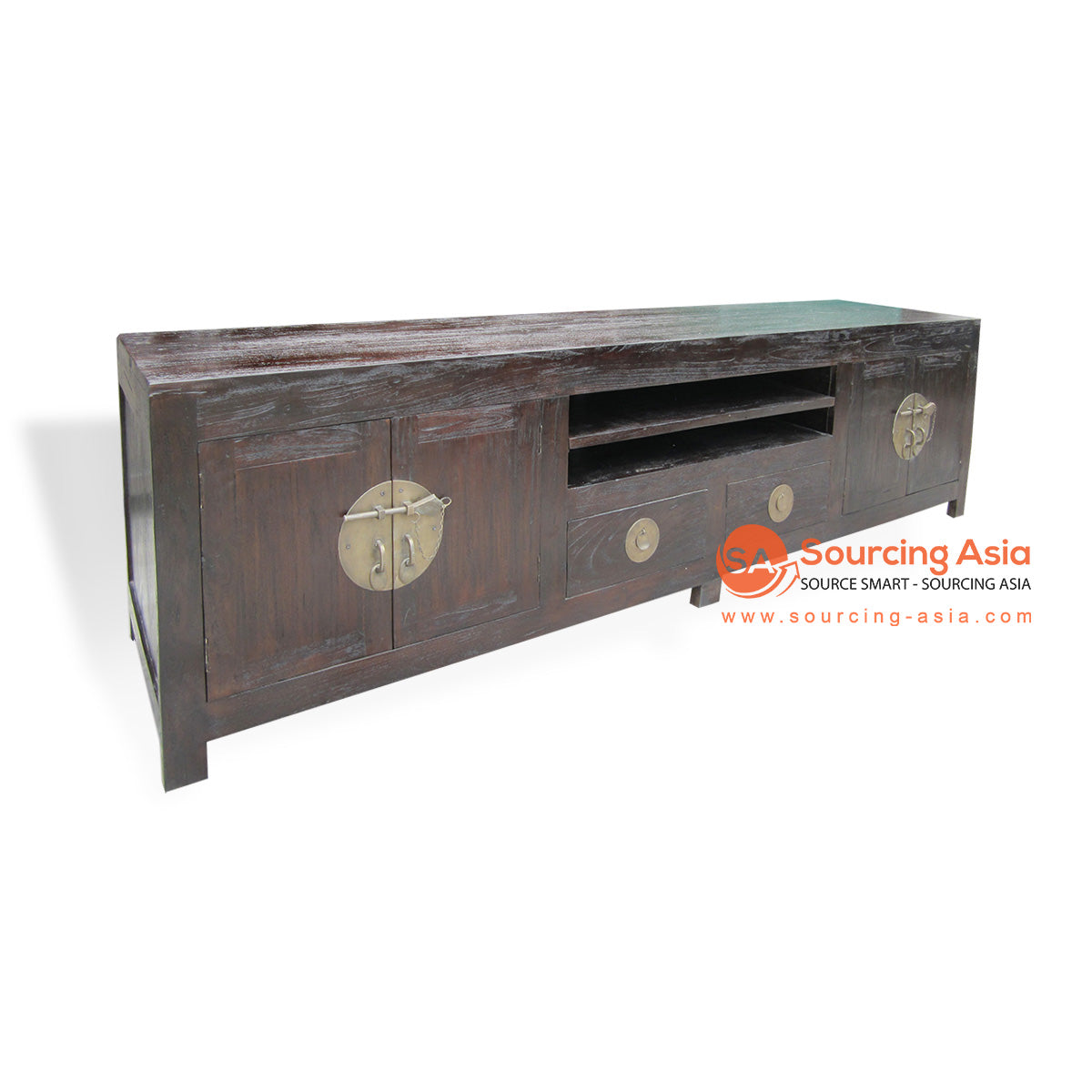 KYT80001-220 DARK BROWN RECYCLED TEAK WOOD FOUR DOORS AND TWO DRAWERS ENTERTAINMENT UNIT