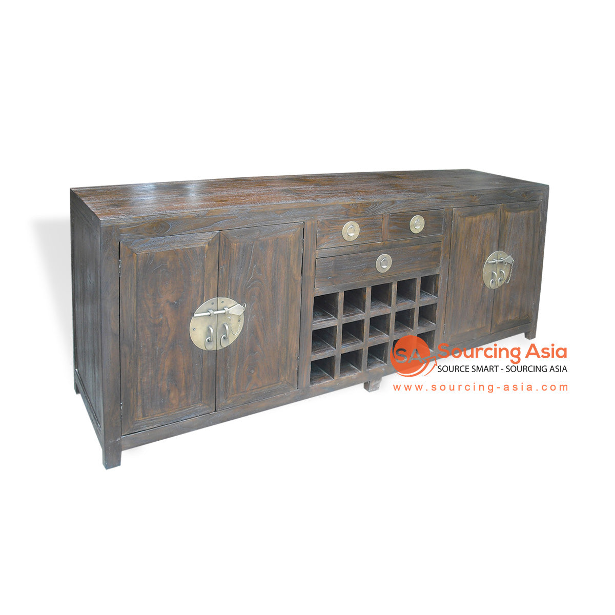 KYT80024 CHOCOLATE RECYCLED TEAK WOOD FOUR DOORS AND THREE DRAWERS SHANGHI WINE BUFFET