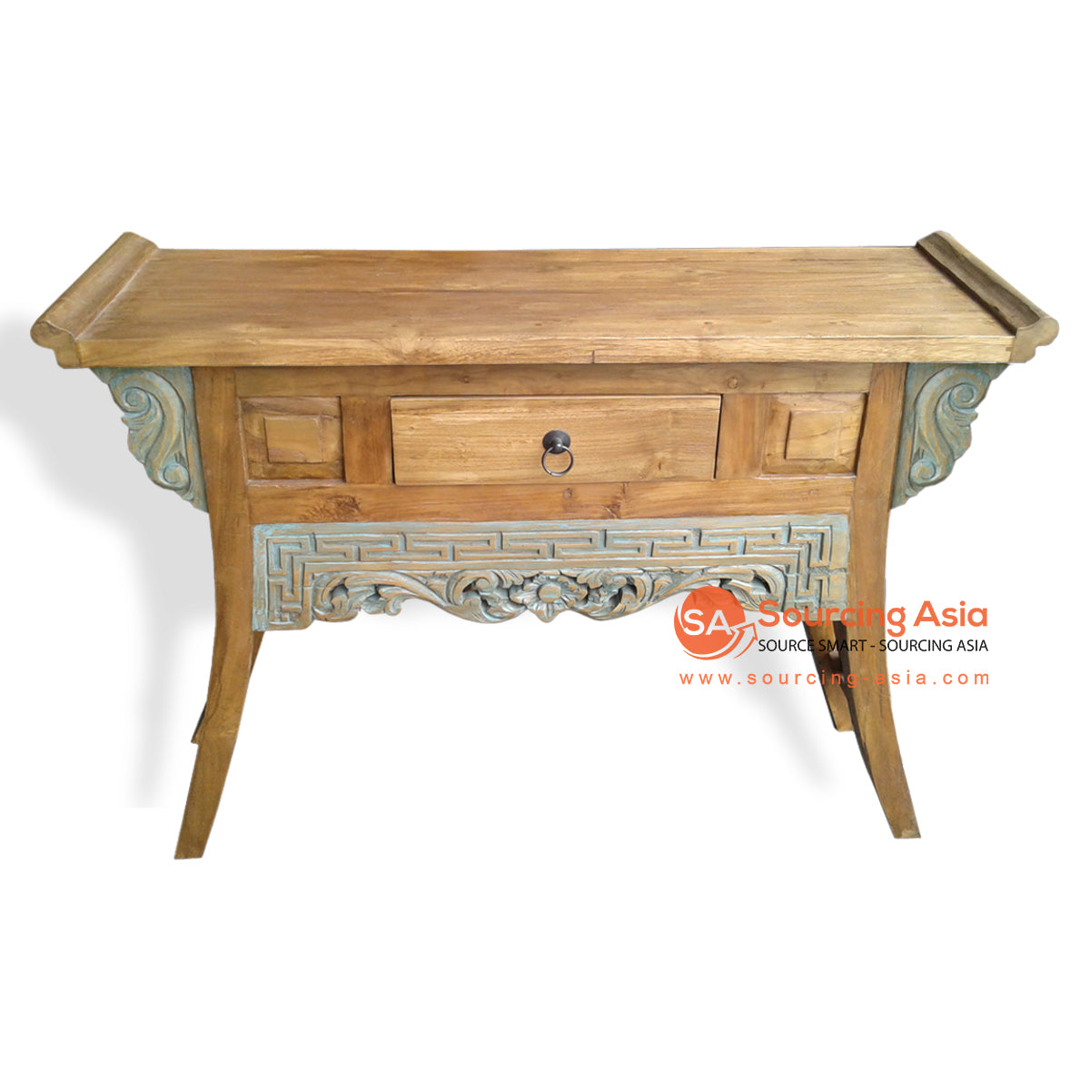 LAC013-3 DARK BROWN RECYCLED TEAK WOOD ONE DRAWER CARVED CONSOLE