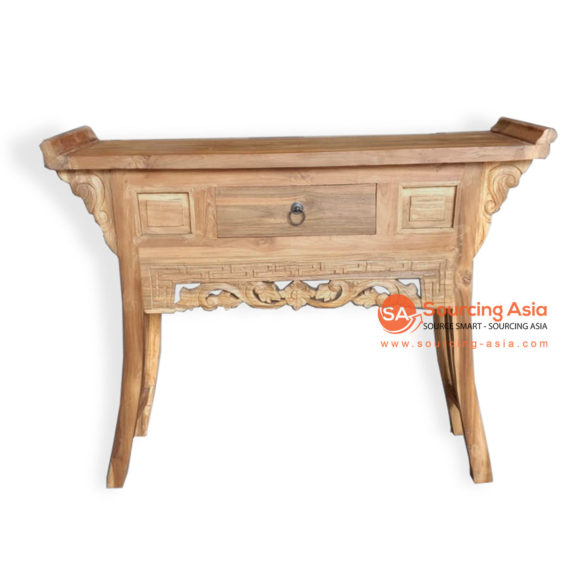 LAC013-5NAT NATURAL TEAK WOOD ONE DRAWER CARVED CONSOLE TABLE