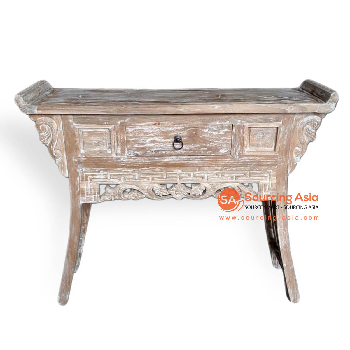 LAC013-5WW WHITE WASH TEAK WOOD ONE DRAWER CARVED CONSOLE