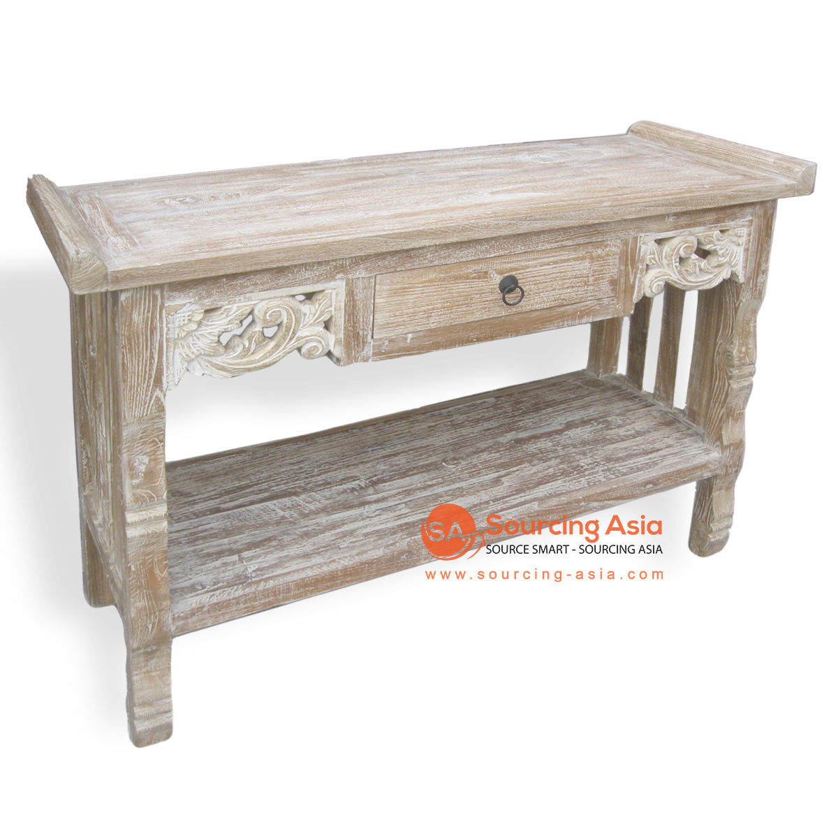 LAC017 WHITE WASH RECYCLED TEAK WOOD ONE DRAWER AND SHELF CARVED CONSOLE