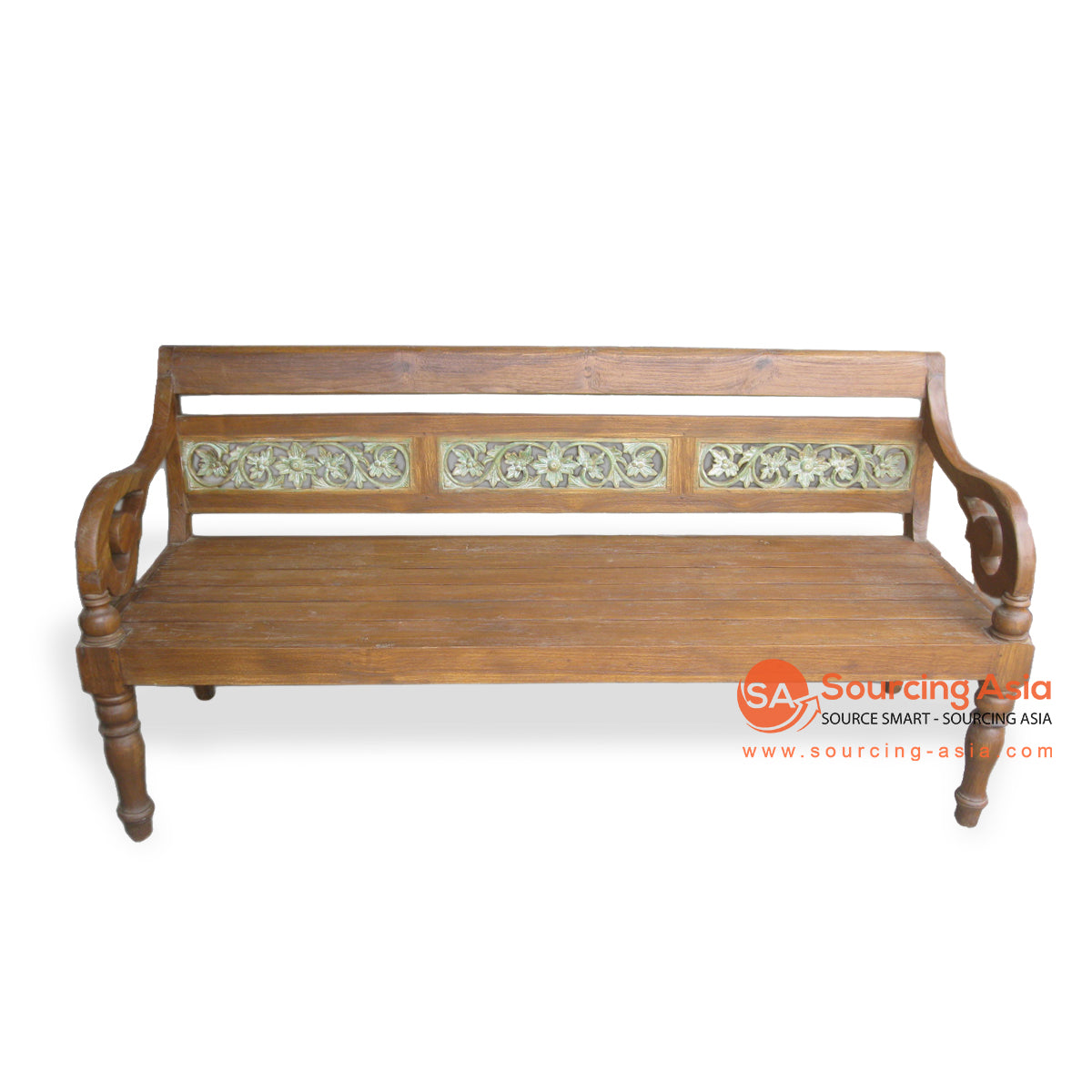 LAC020 NATURAL RECYCLED TEAK WOOD RAFFLES UPHOLSTERED CARVED BENCH