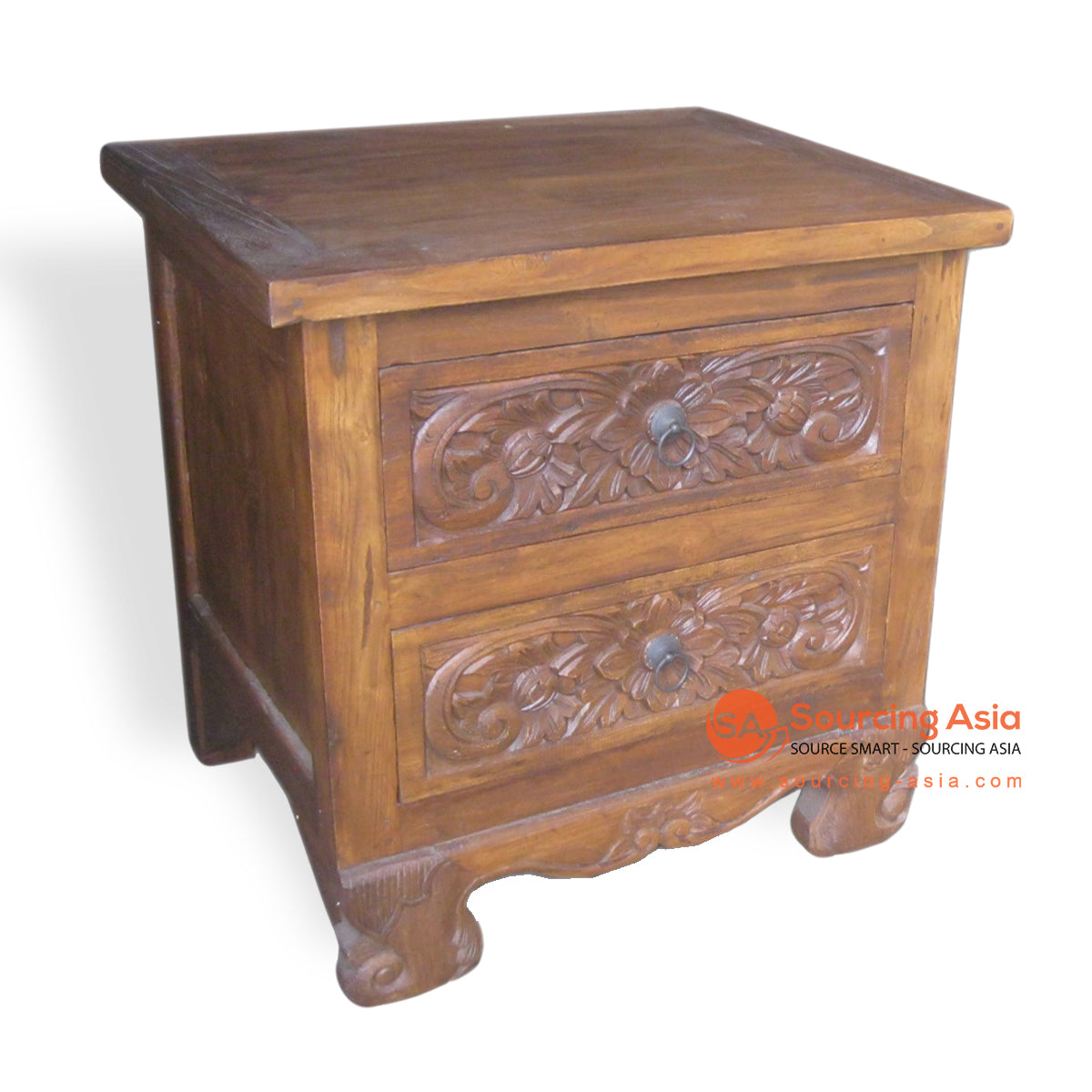 LAC021 BROWN RECYCLED TEAK WOOD TWO DRAWERS CARVED SIDE TABLE