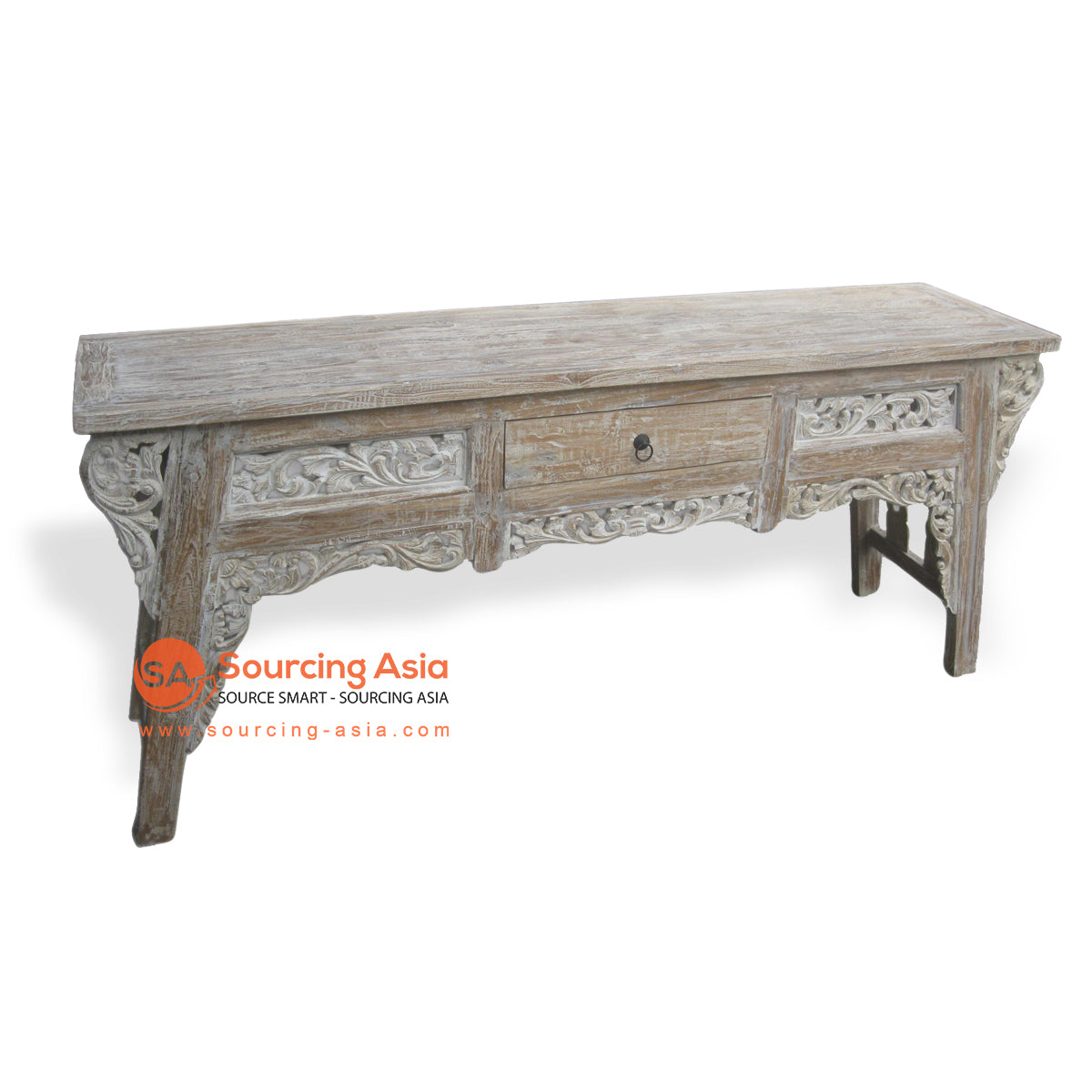 LAC022 RECYCLED TEAK WOOD ONE DRAWER CARVED CONSOLE TABLE
