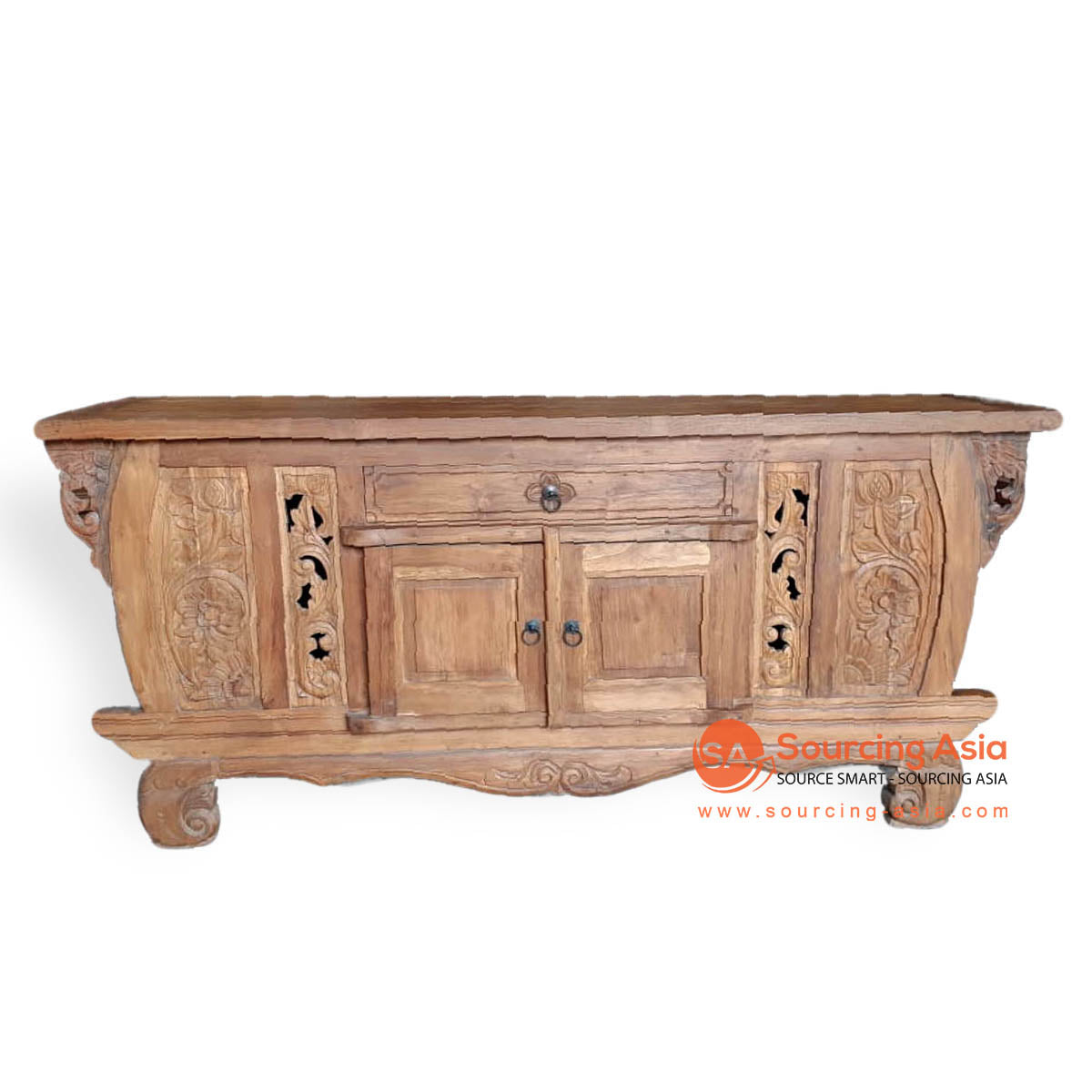 LAC039-2 NATURAL RECYCLED TEAK WOOD TWO DOORS AND ONE DRAWER CARVED BUFFET