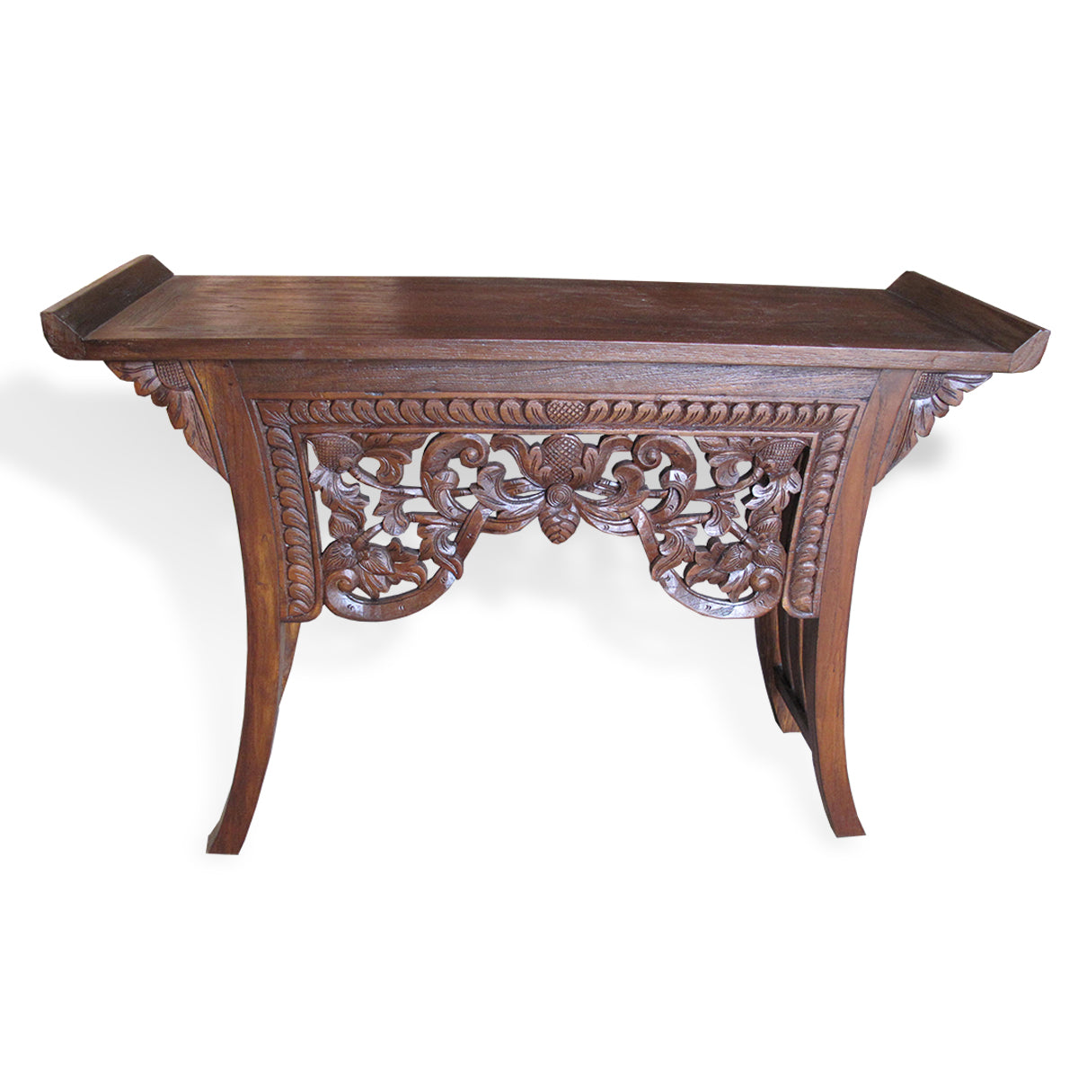 LAC045-1 MEDIUM BROWN RECYCLED TEAK WOOD CARVED CONSOLE TABLE