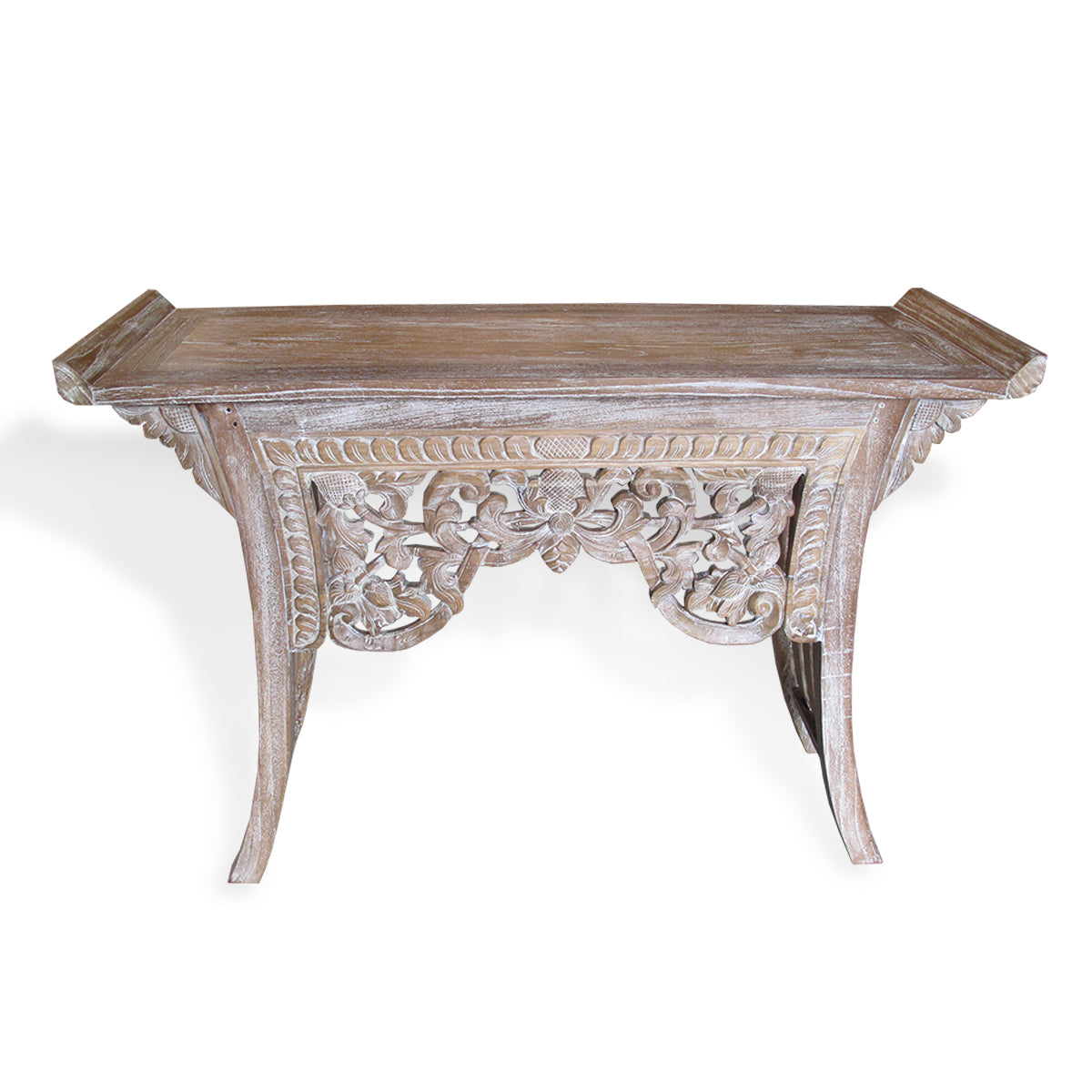 LAC045 WHITE WASH RECYCLED TEAK WOOD CARVED CONSOLE TABLE