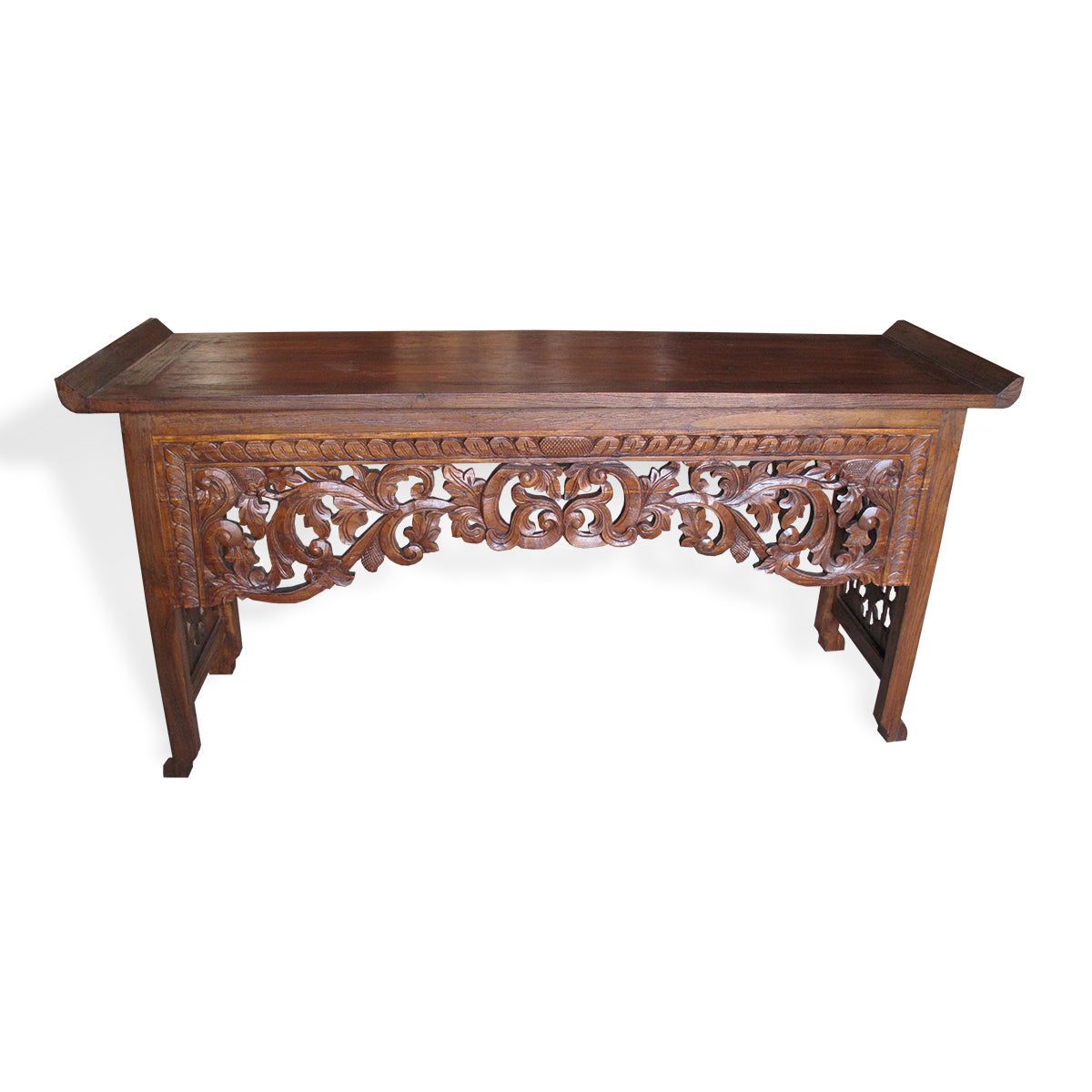 LAC046-1 MEDIUM BROWN RECYCLED TEAK WOOD FULL CARVED CONSOLE TABLE