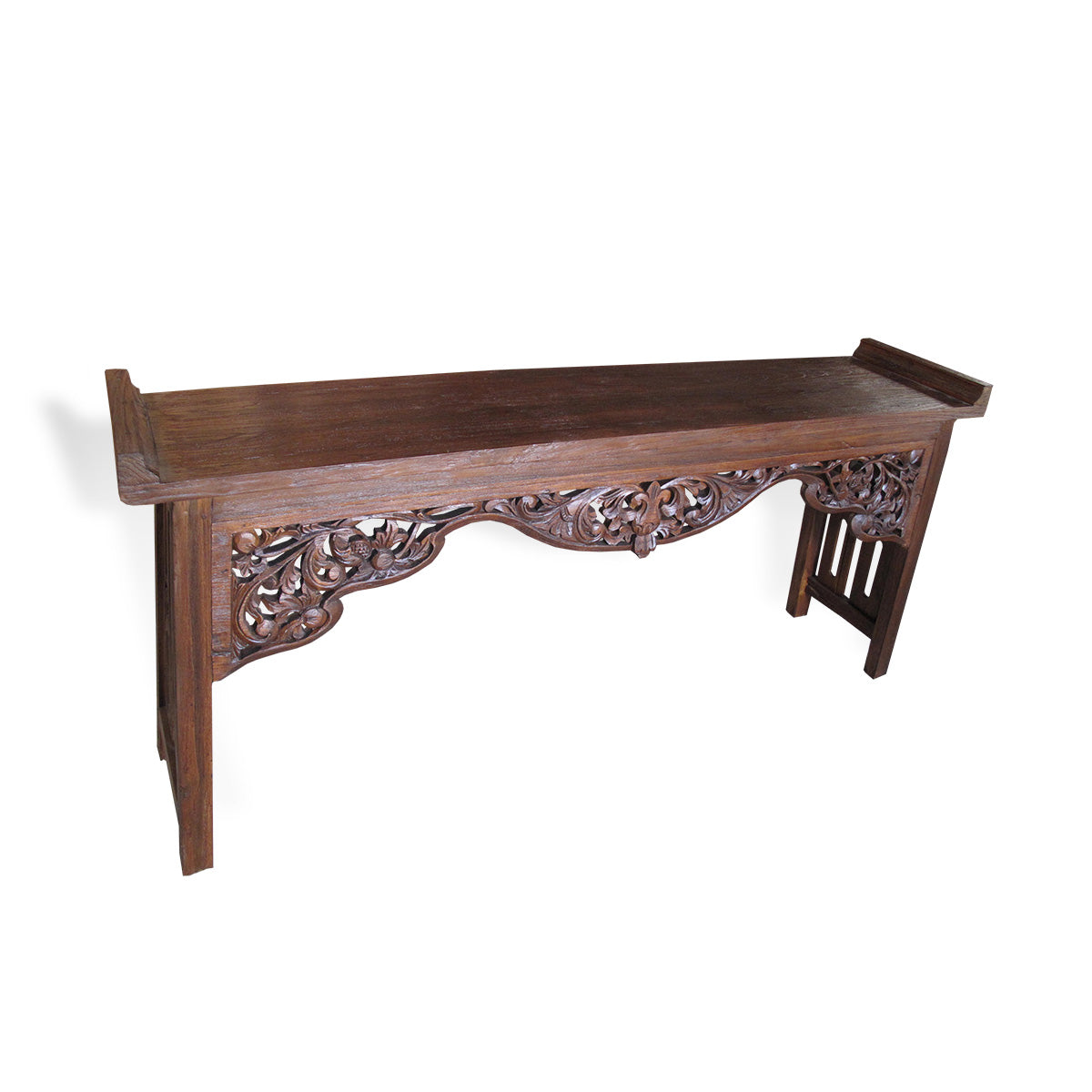LAC047-1 MEDIUM BROWN RECYCLED TEAK WOOD CARVED CONSOLE TABLE