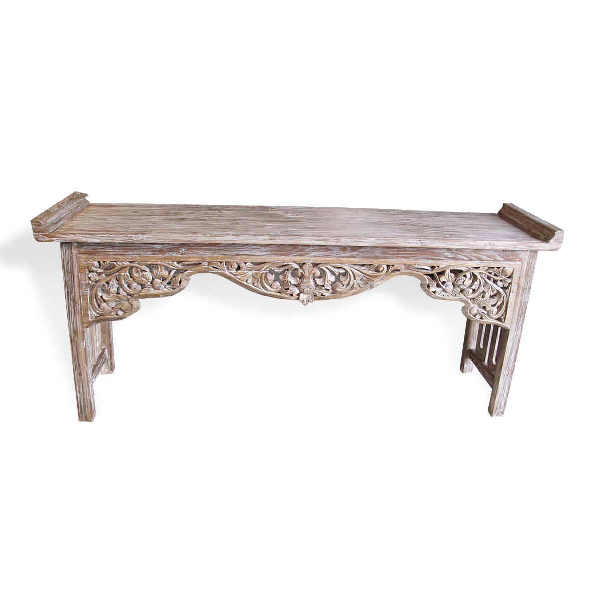 LAC047 WHITE WASH RECYCLED TEAK WOOD CARVED CONSOLE TABLE