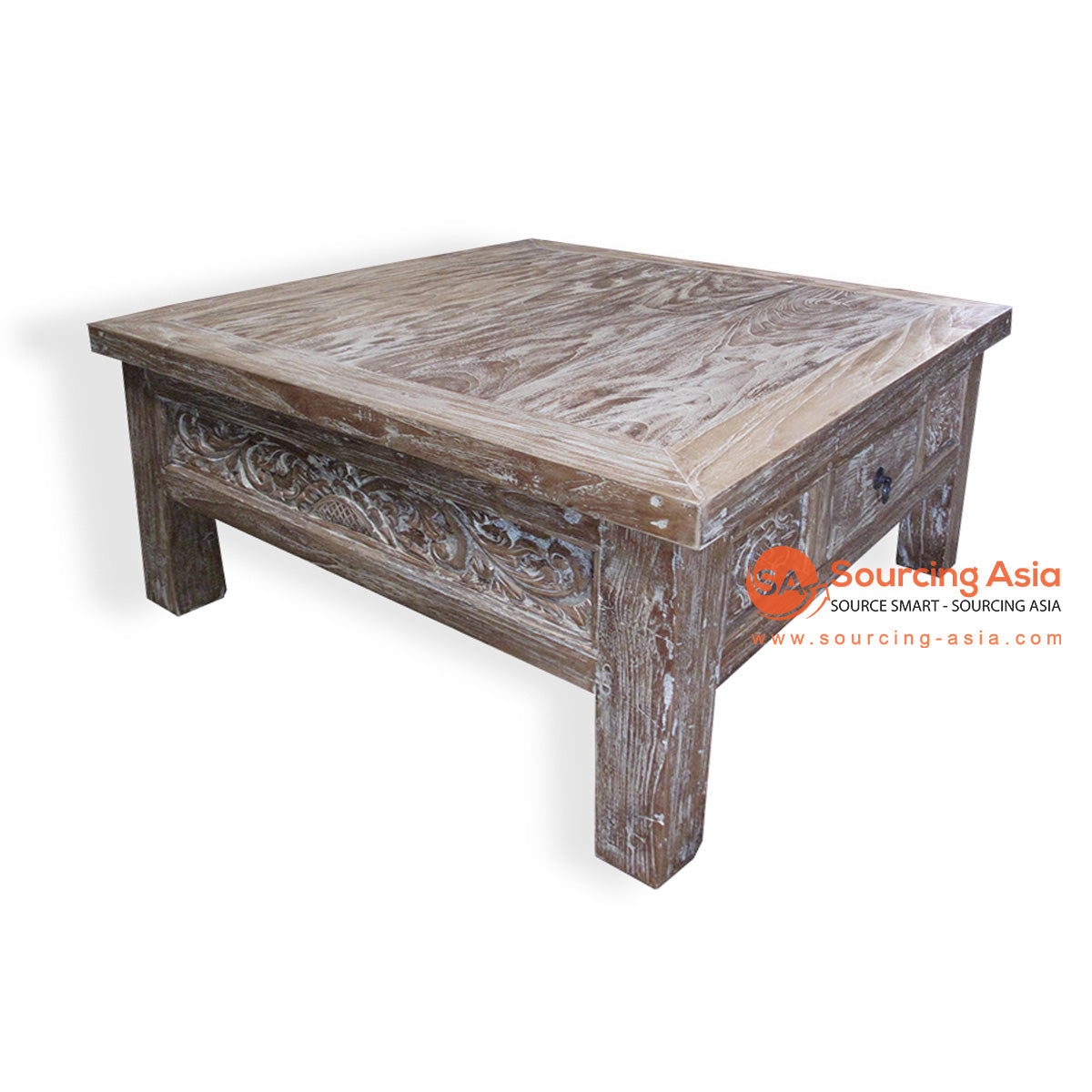 LAC048 WHITE WASH RECYCLED TEAK WOOD CARVED COFFEE TABLE