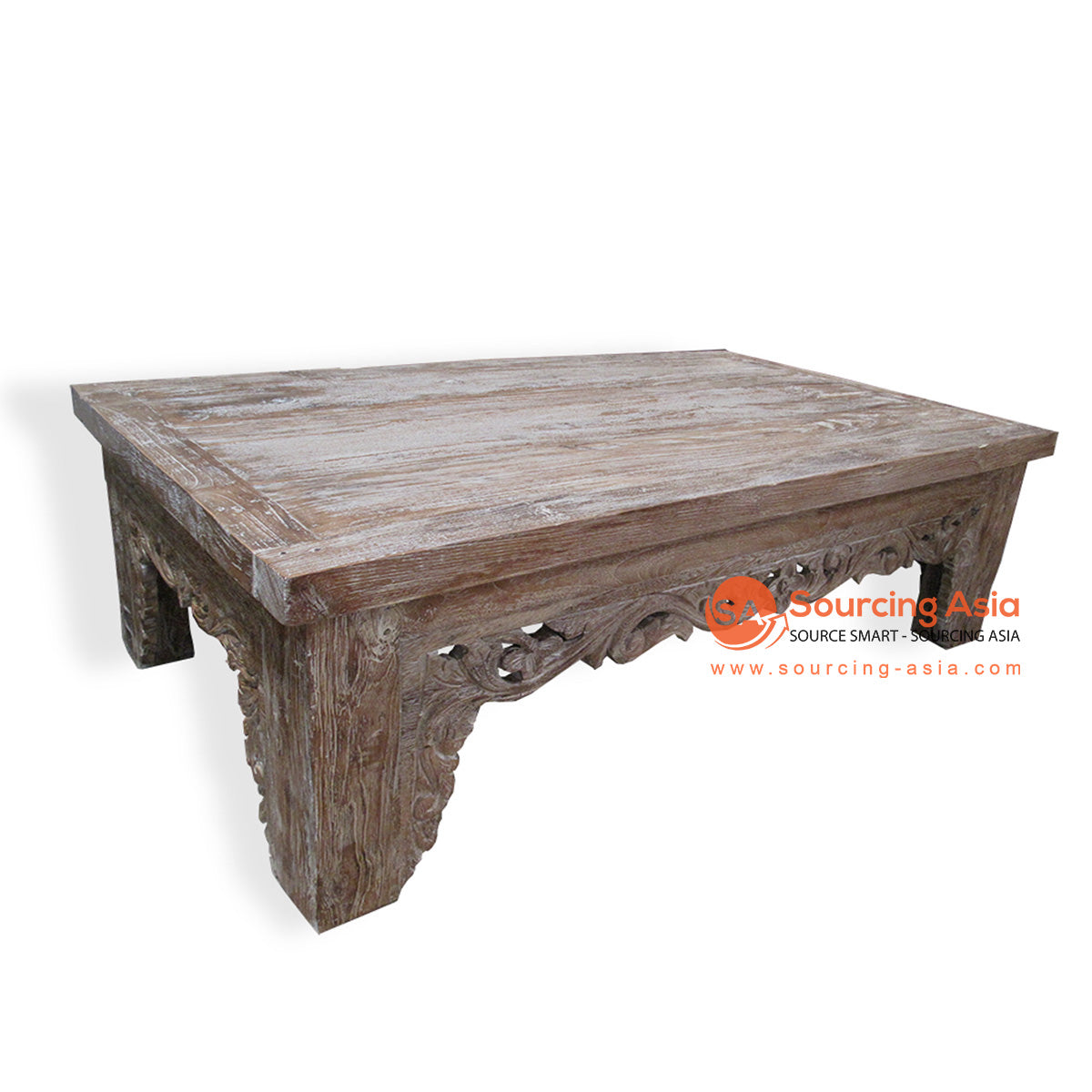 LAC049 WHITE WASH TEAK WOOD CARVED COFFEE TABLE