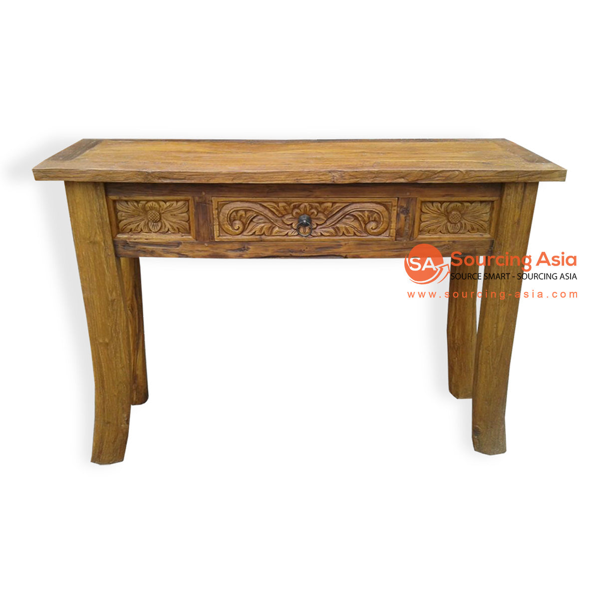LAC053 NATURAL TEAK WOOD ONE DRAWER CARVED SMALL CONSOLE