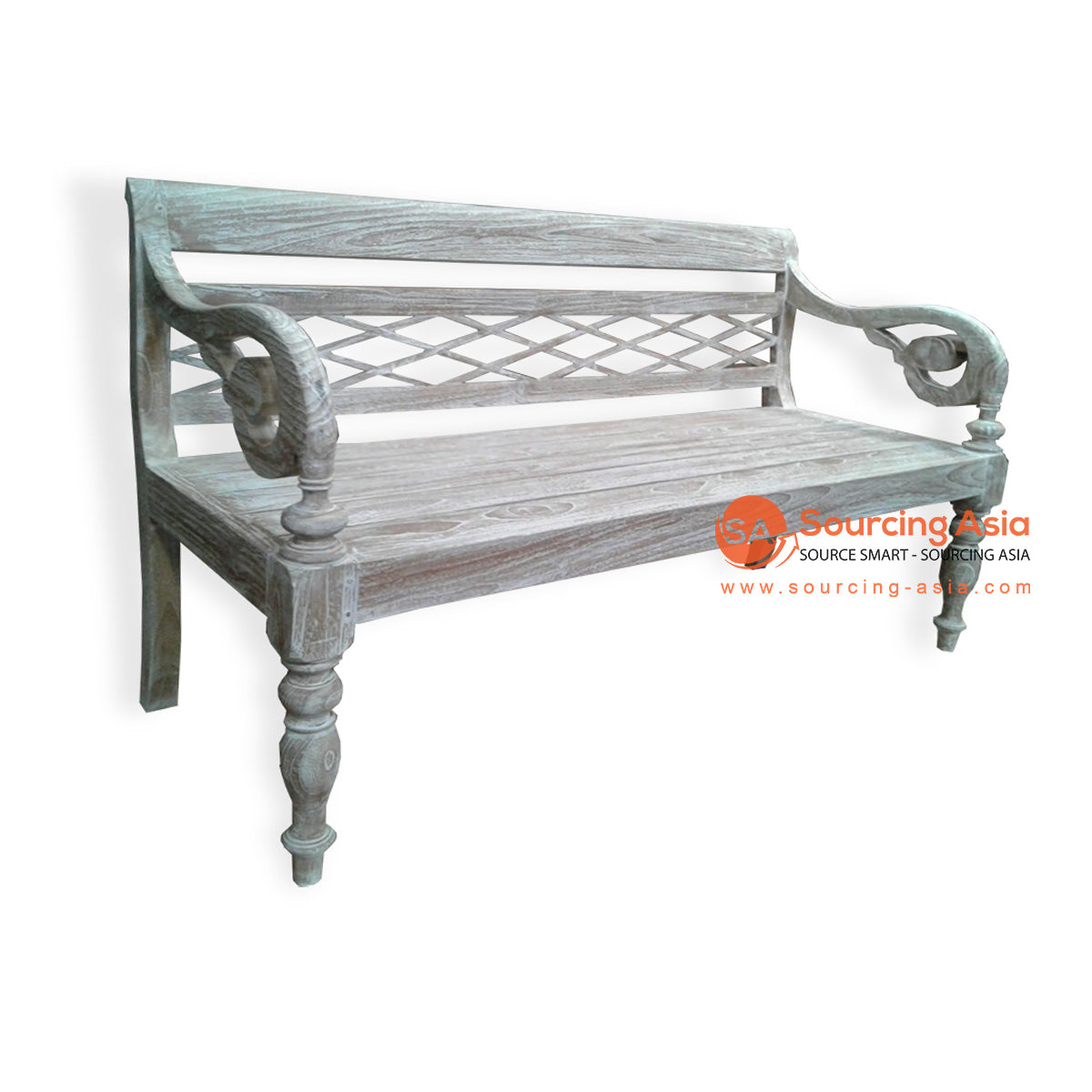 LAC054 WHITE WASH TEAK WOOD COLONIAL ARMED BENCH