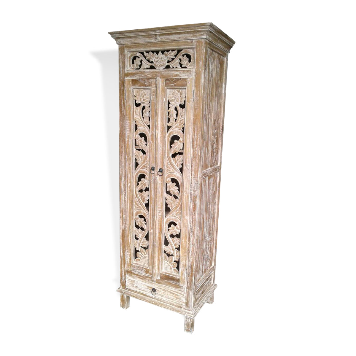 LAC056 NATURAL RECYCLED TEAK WOOD TWO DOORS AND ONE DRAWER CARVED CABINET