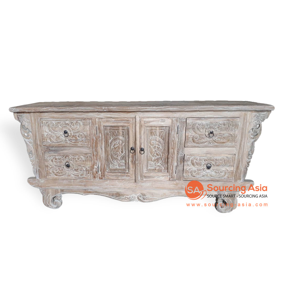 LAC057 LIGHT WHITE WASH RECYCLED TEAK WOOD TWO DOORS AND FOUR DRAWERS CARVED BUFFET