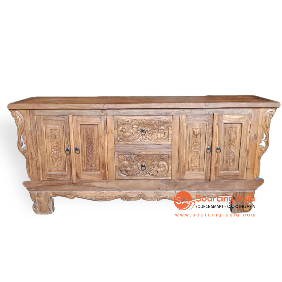 LAC058 NATURAL RECYCLED TEAK WOOD FOUR DOORS AND TWO DRAWERS CARVED BUFFET
