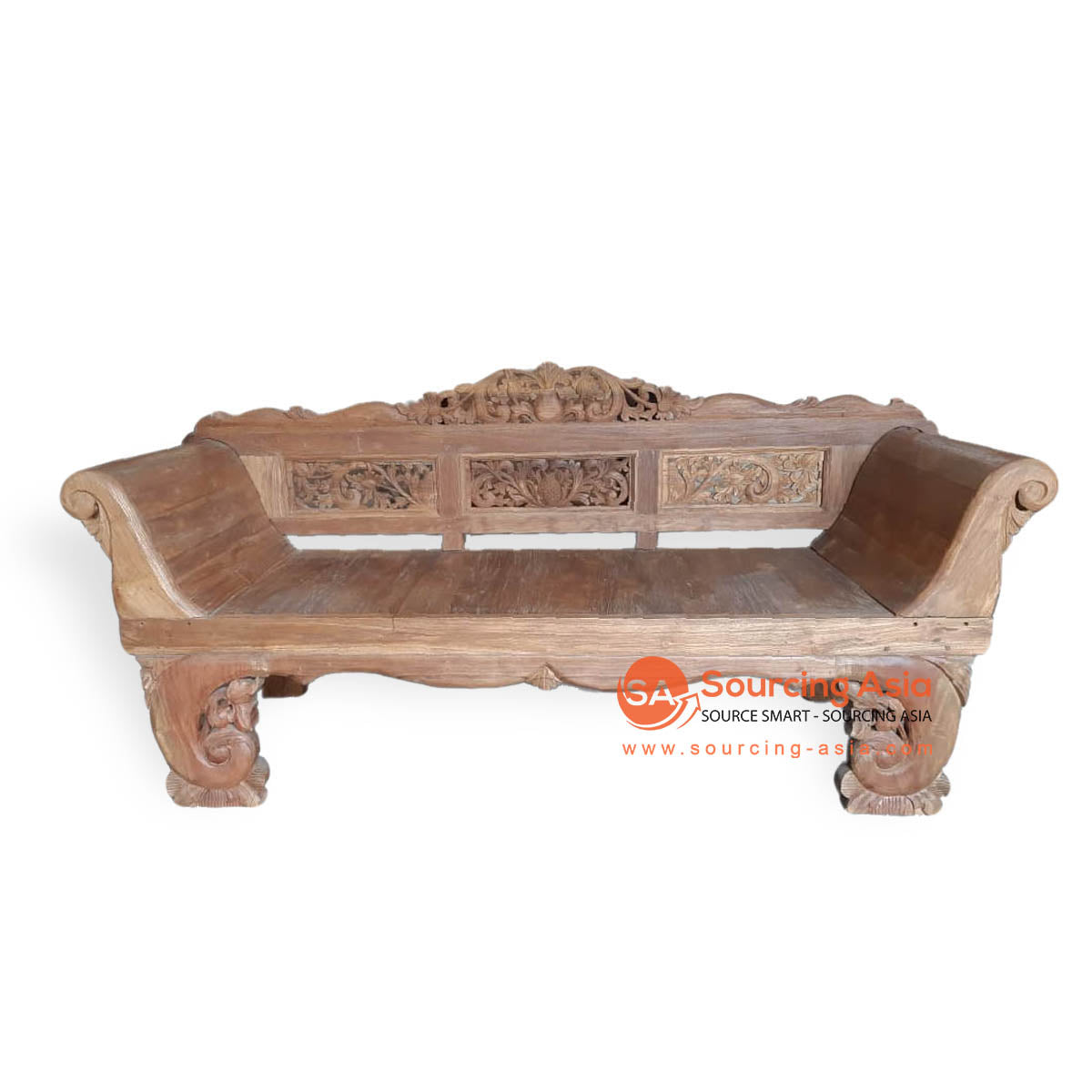 LAC063 NATURAL TEAK WOOD MADURA STYLE CARVED SOFA (PRICE WITHOUT CUSHION)