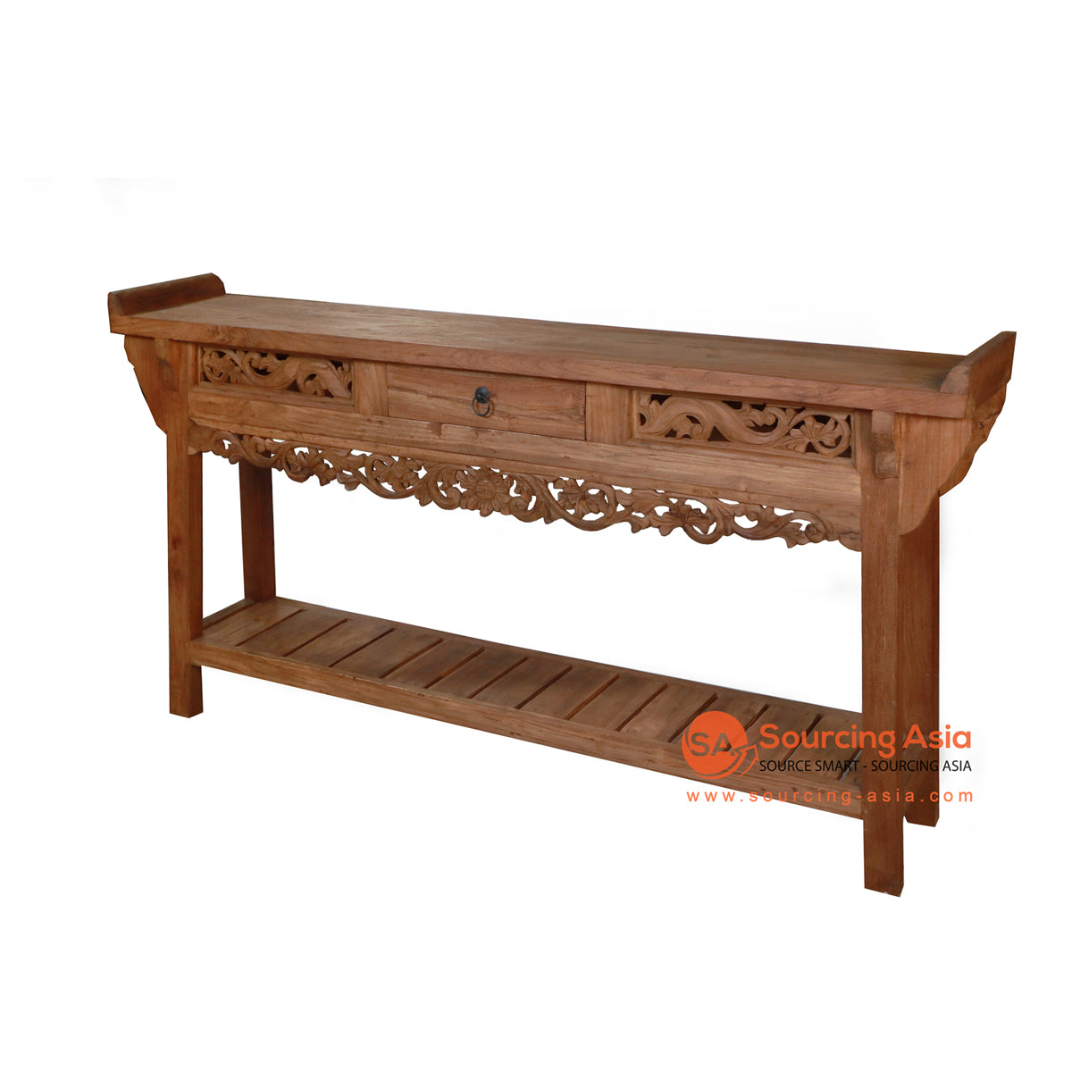 LAC075 NATURAL RECYCLED TEAK CARVED BEDROOM CONSOLE TABLE