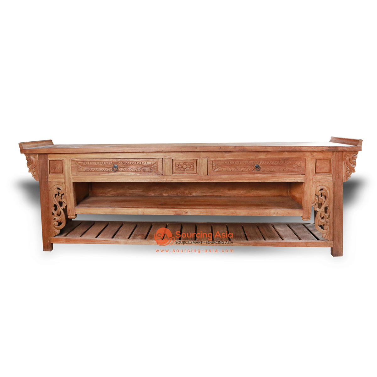 LAC077 NATURAL RECYCLED TEAK CARVED CONSOLE TABLE
