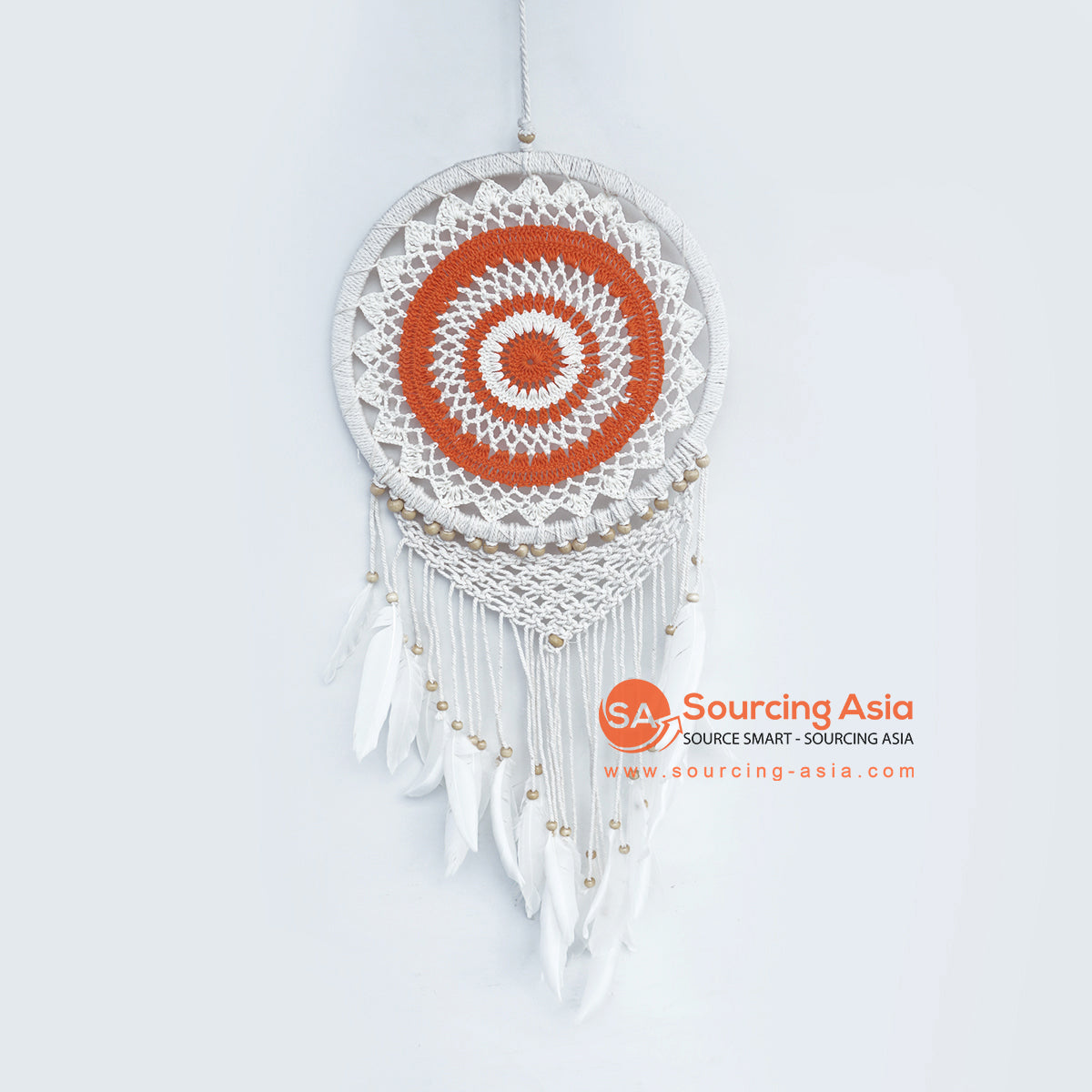 LINDC008-1 RED AND WHITE FEATHERED MACRAME DREAM CATCHER