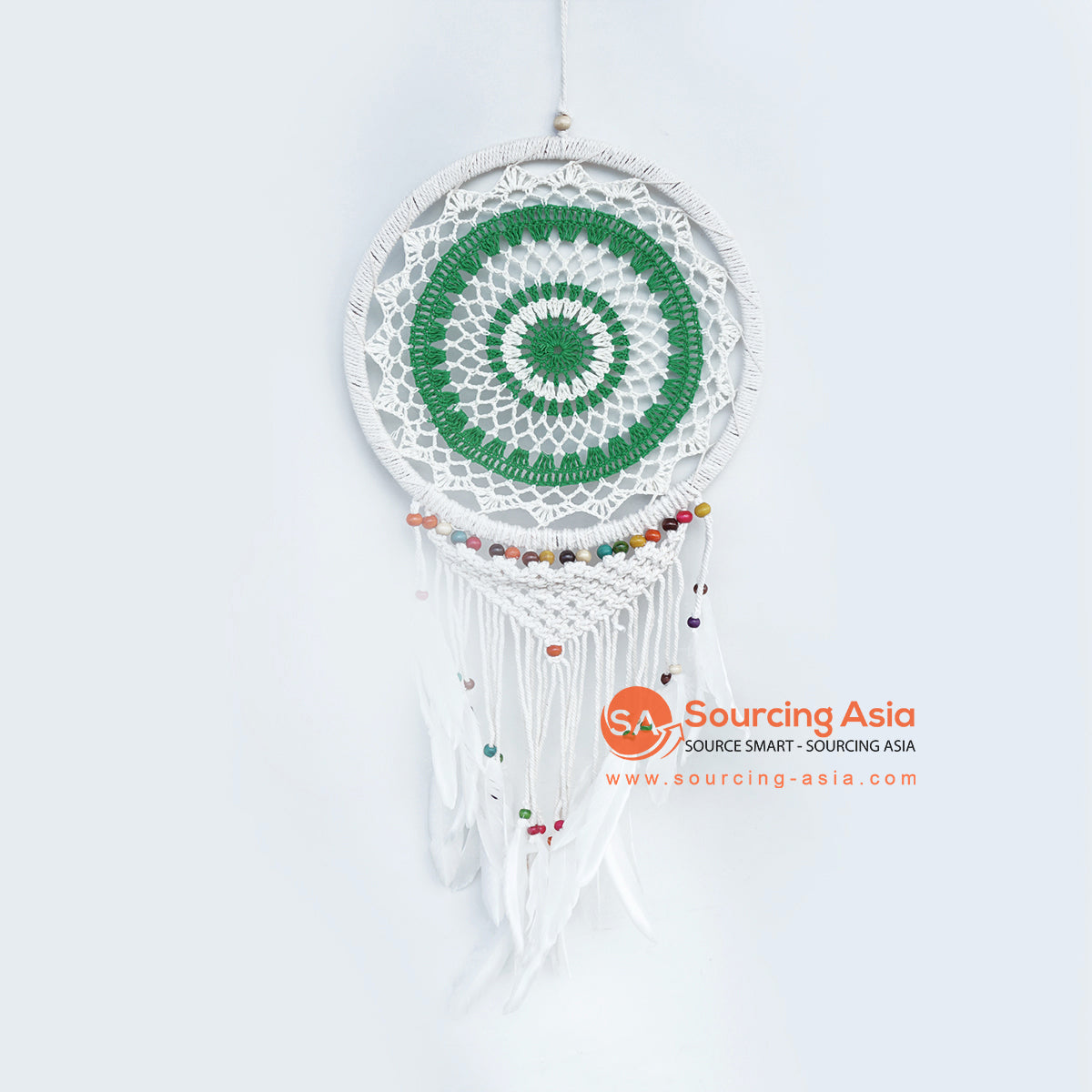 LINDC008-2 GREEN AND WHITE FEATHERED MACRAME DREAM CATCHER