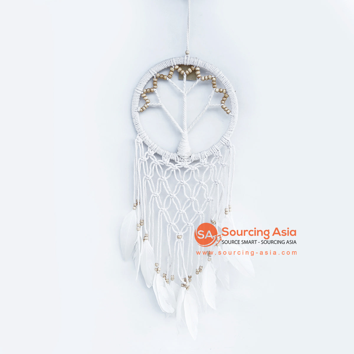 LINDC020 GOLD BEADED AND WHITE FEATHERED DREAM CATCHER