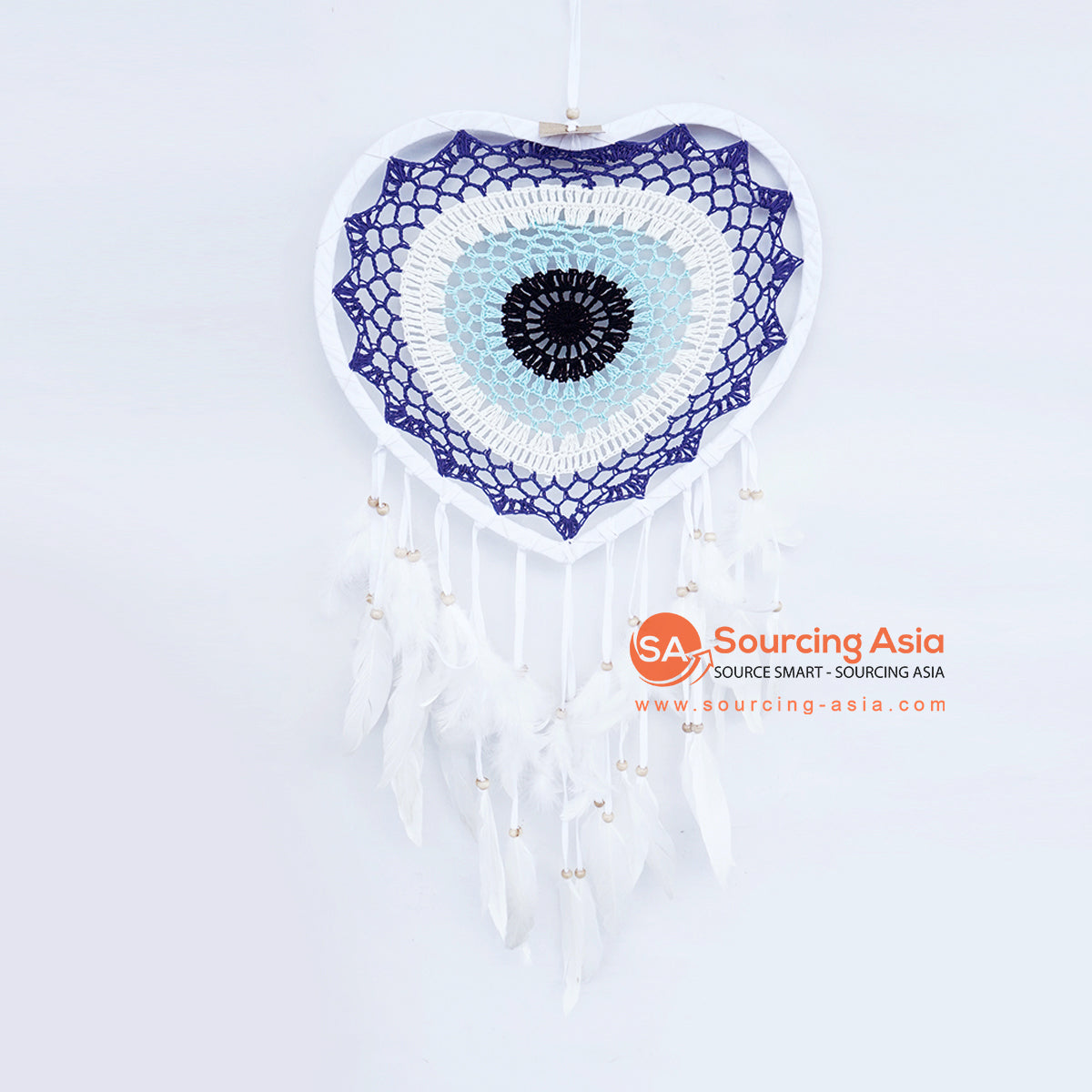 LINDC040-1 BLUE AND WHITE FEATHERED HEART MACRAME DREAM CATCHER