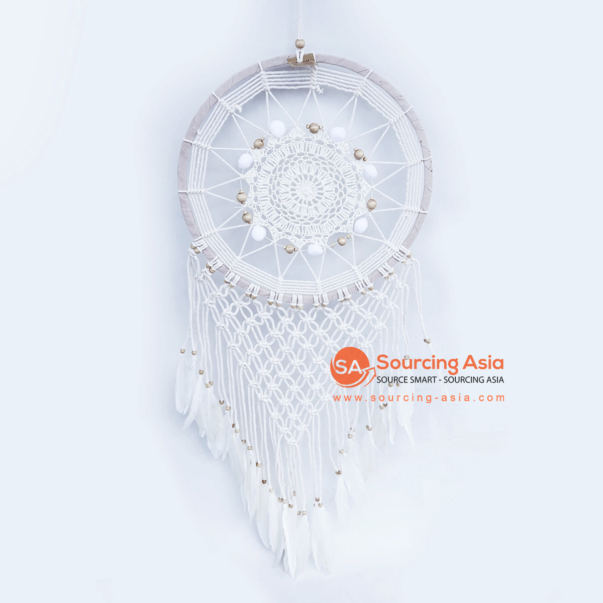 LINDC043 NATURAL AND WHITE FEATHERED MACRAME DREAM CATCHER