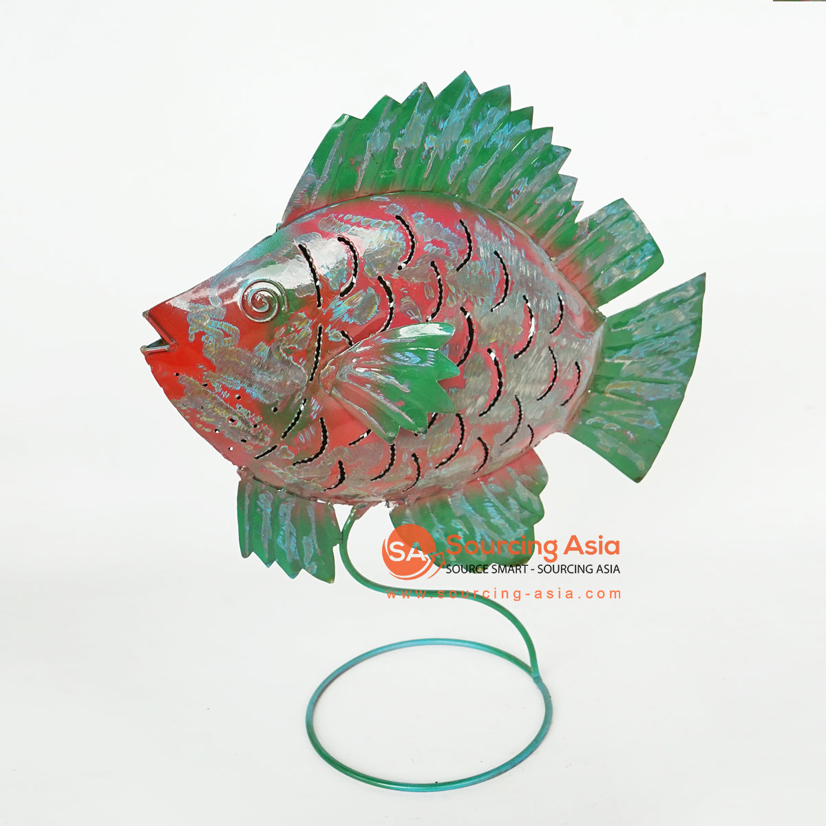 LISC052 HAND PAINTED GREEN RED METAL FISH WITH STAND
