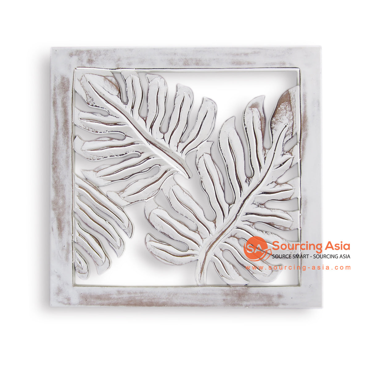 LUH010A-WW WHITE WASH WOODEN LEAF CARVED PLAQUE