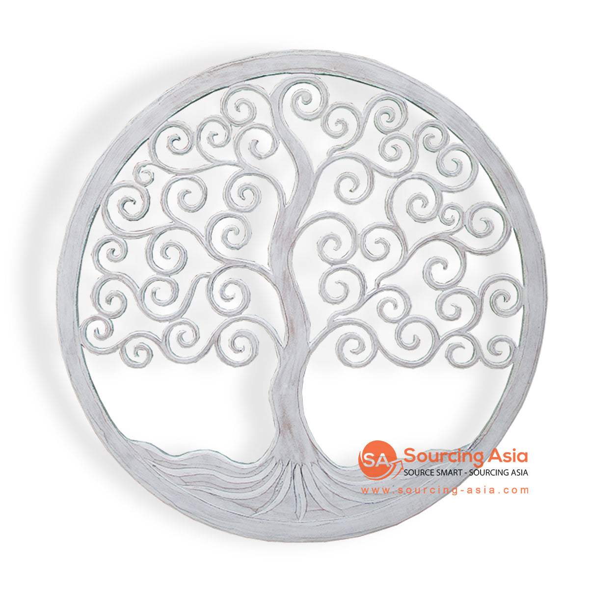 LUH013-100 WHITE WASH WOODEN ROUND "TREE OF LIFE" PANEL