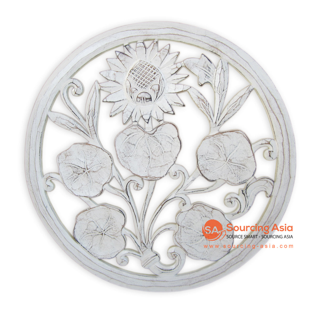 LUH027-40 WHITE WASH WOODEN ROUND WATER LILY CARVED PANEL