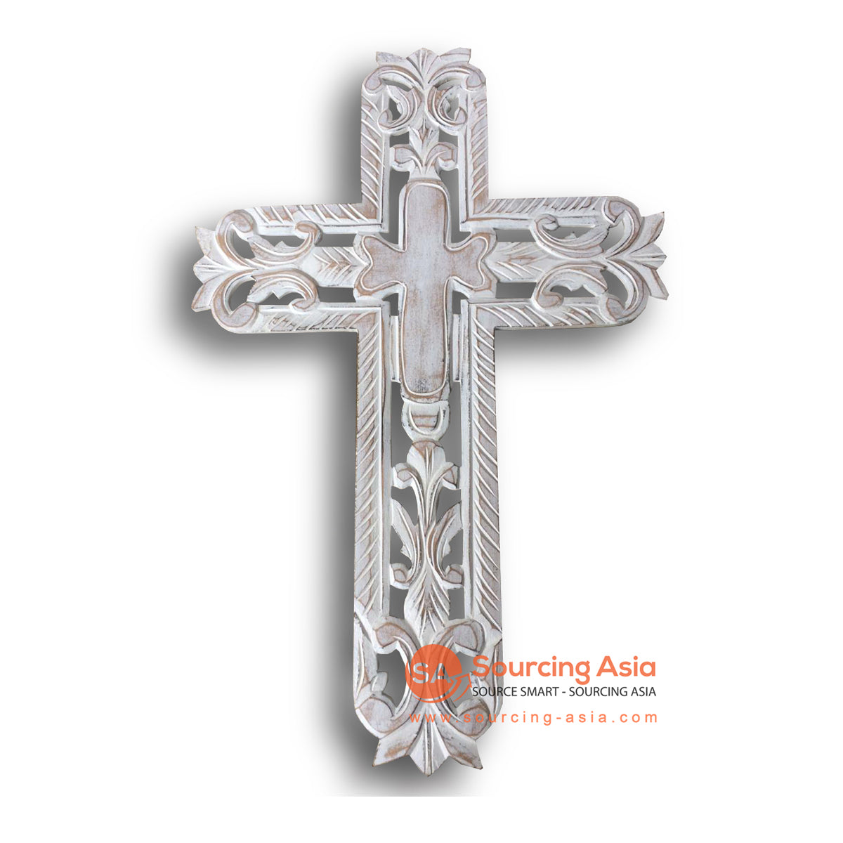 LUH045-1WW WHITE WASH WOODEN CARVED CROSS DECORATION