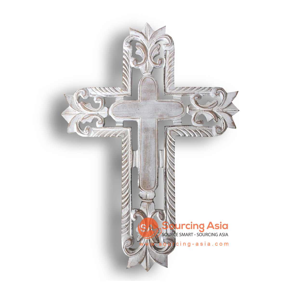 LUH045-2WW WHITE WASH WOODEN CARVED CROSS DECORATION