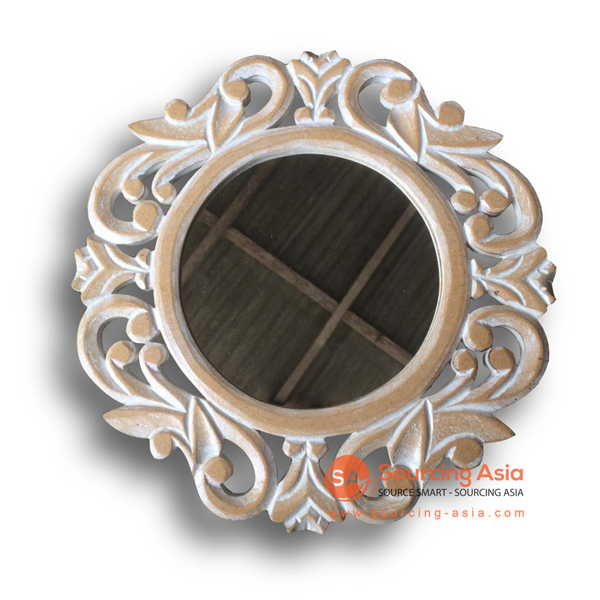 LUH062 NATURAL WHITE WASH ROUND CARVED MIRROR