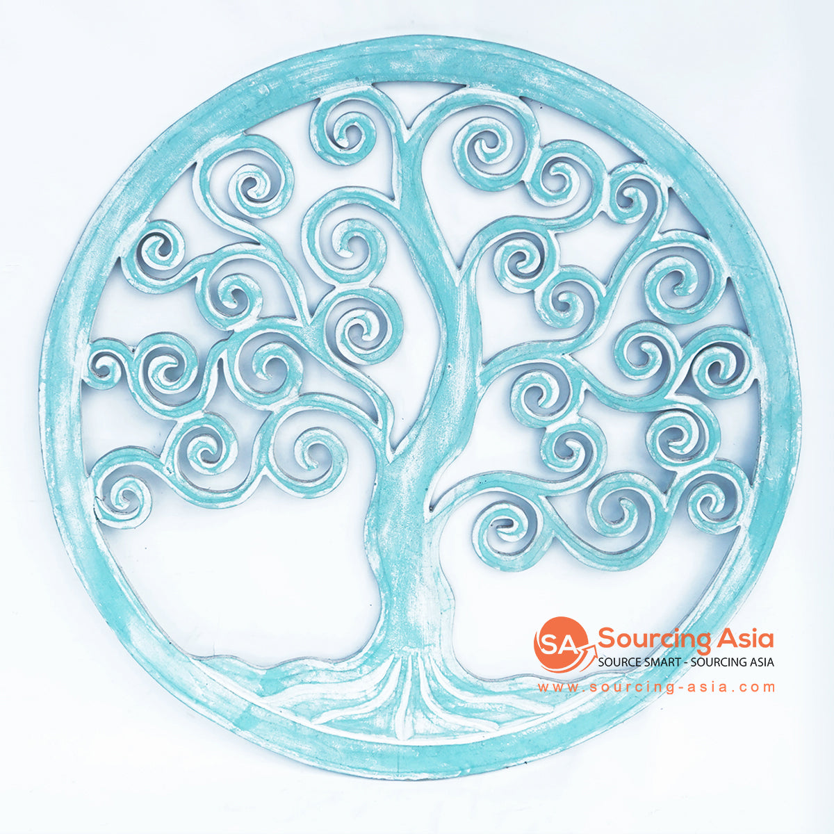 LUHC002-1 TURQUOISE WOODEN ROUND "TREE OF LIFE" PANEL