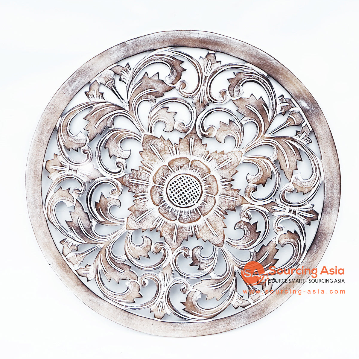 LUHC008 WHITE WASH WOODEN ROUND FLORAL CARVED PANEL