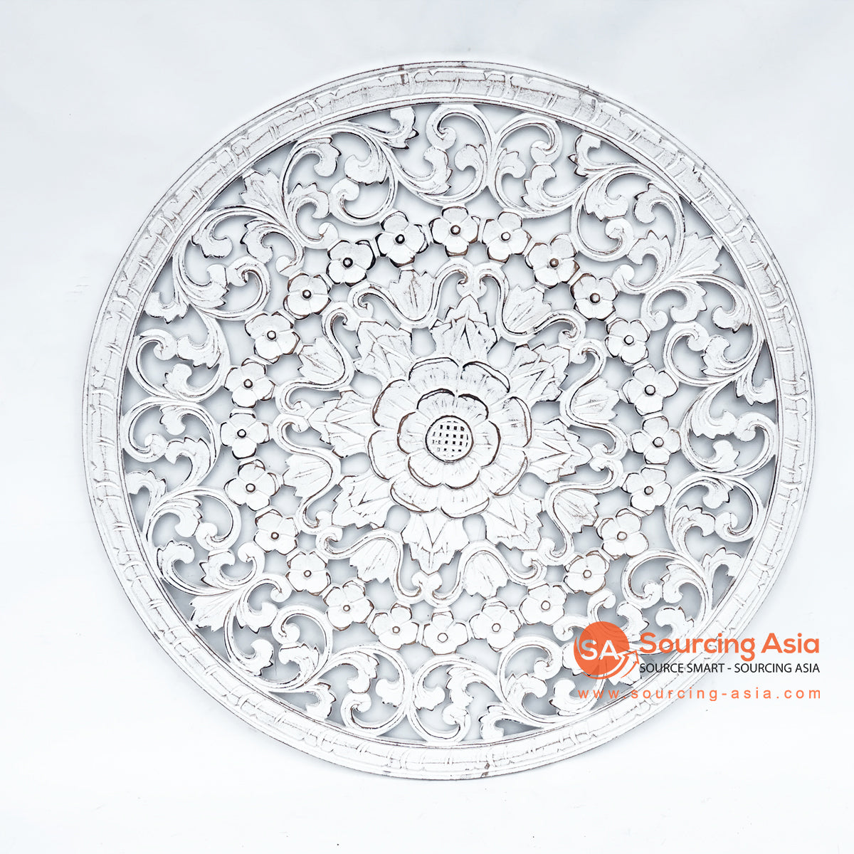 LUHC009-1 WHITE WOODEN ROUND FLORAL CARVED PANEL