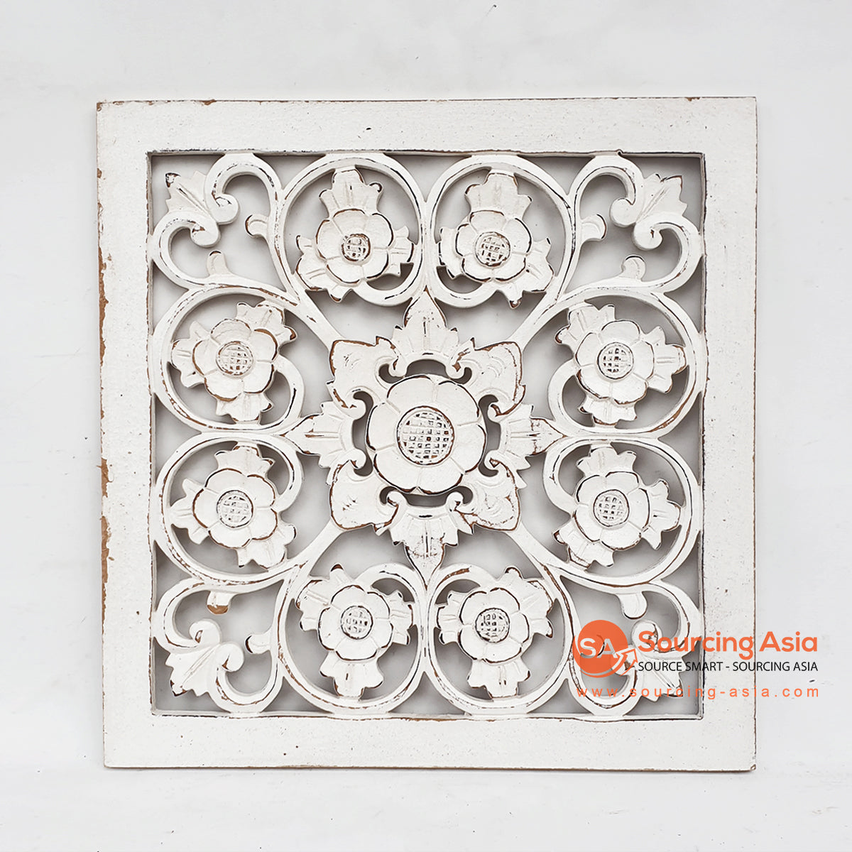 LUHC010-3 WHITE WOODEN SQUARE FLORAL CARVED PANEL