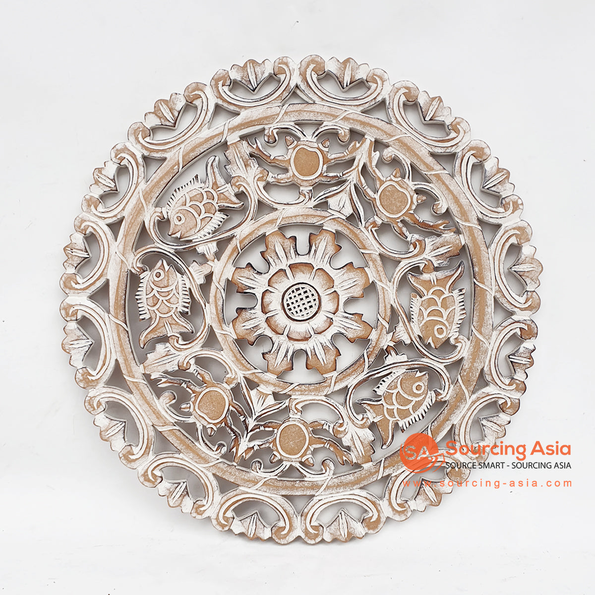 LUHC012 WHITE WASH WOODEN ROUND CARVED PANEL