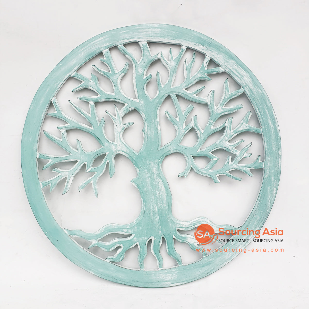 LUHC013-1 TURQUOISE WOODEN ROUND "TREE OF LIFE" CARVED PANEL