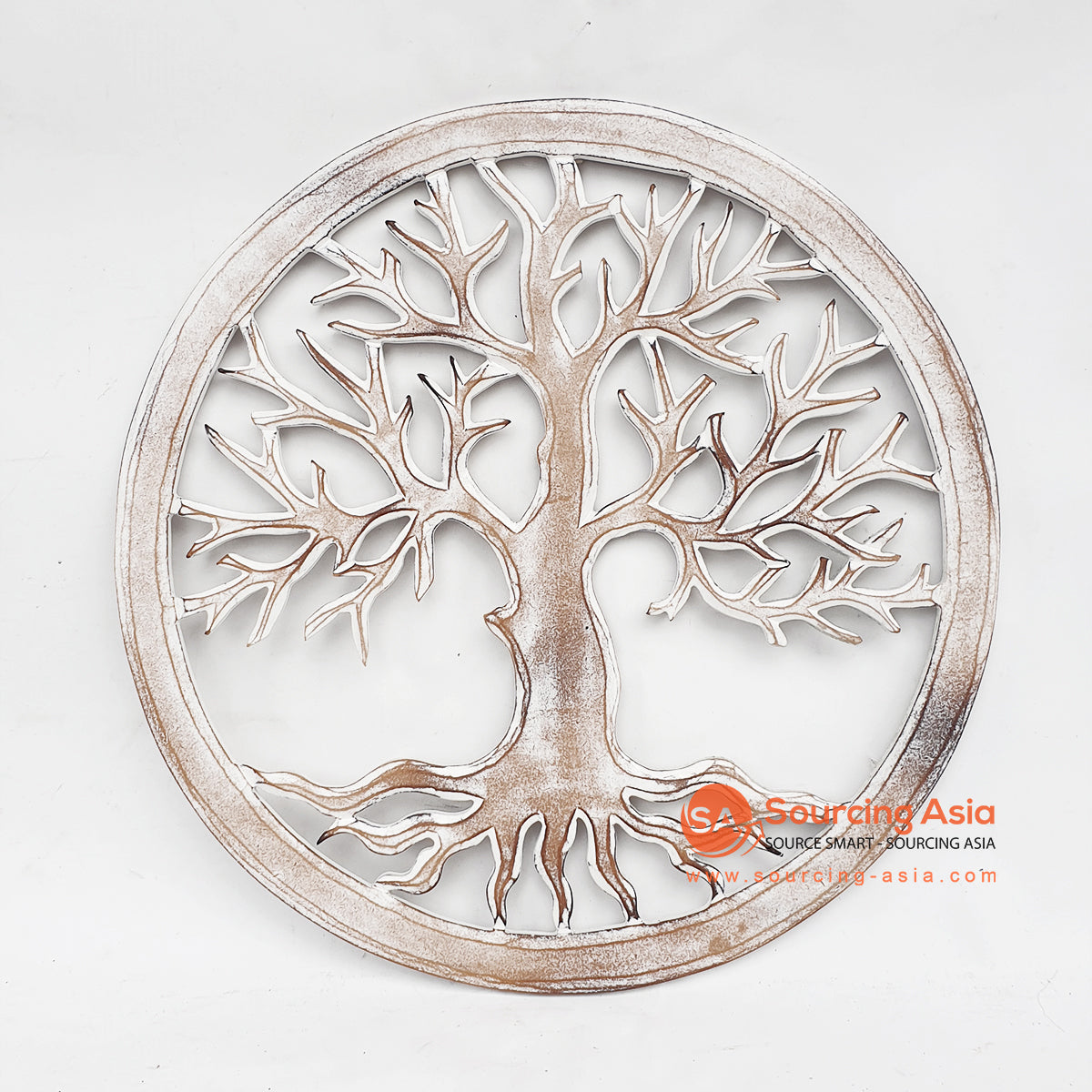 LUHC013 WHITE WASH WOODEN ROUND "TREE OF LIFE" CARVED PANEL