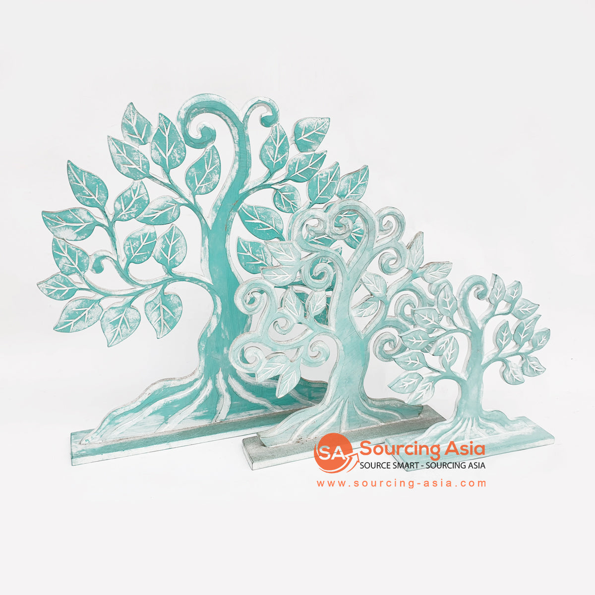 LUHC014-6 SET OF THREE TURQUOISE WOODEN TREE CARVED PANELS