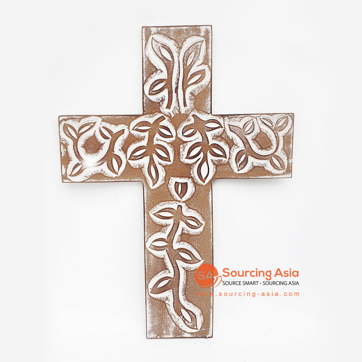 LUHC015-1 BROWN CROSS DECORATION WITH CARVED LEAVES