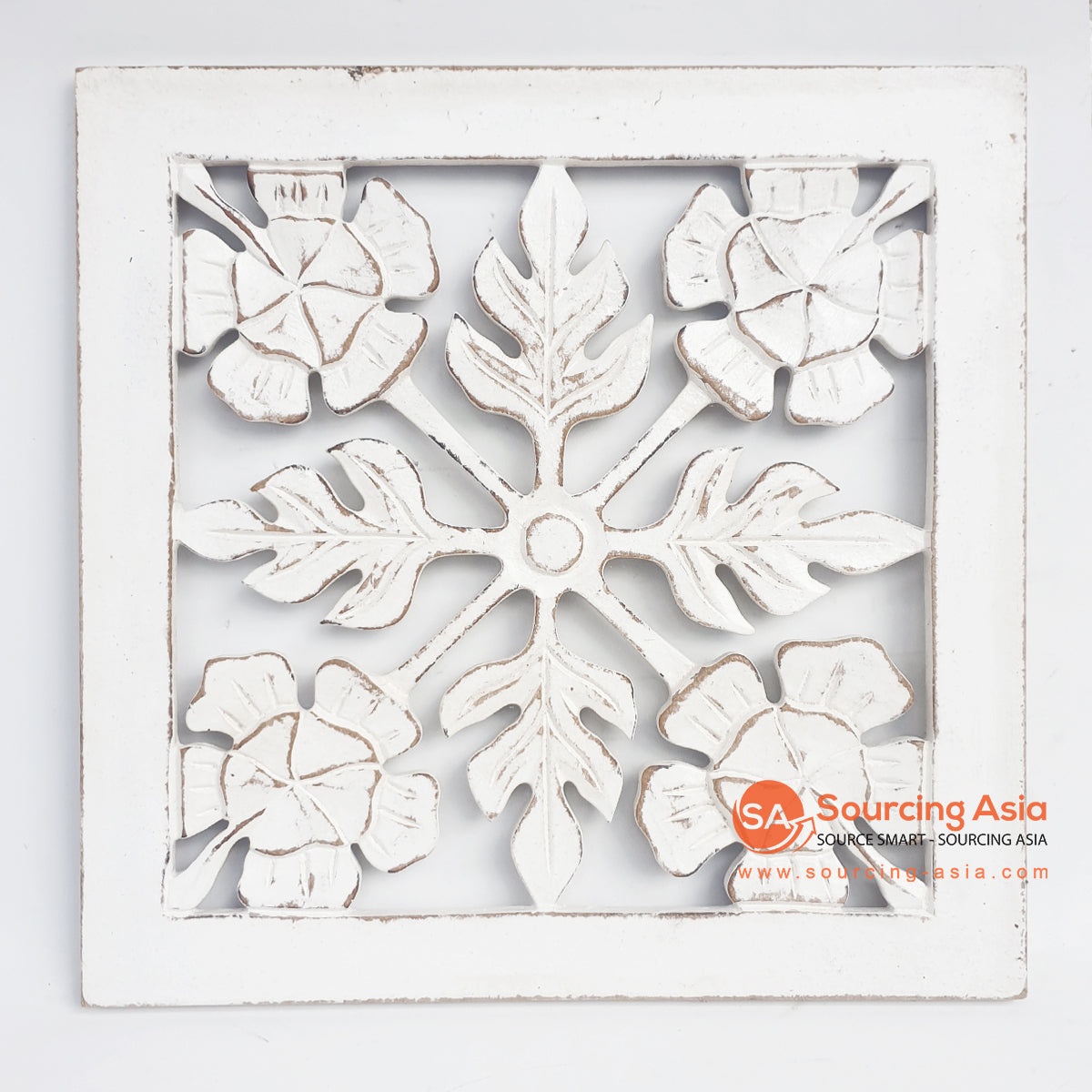 LUHC018-10 WHITE WASH WOODEN SQUARE FLORAL CARVED PANEL