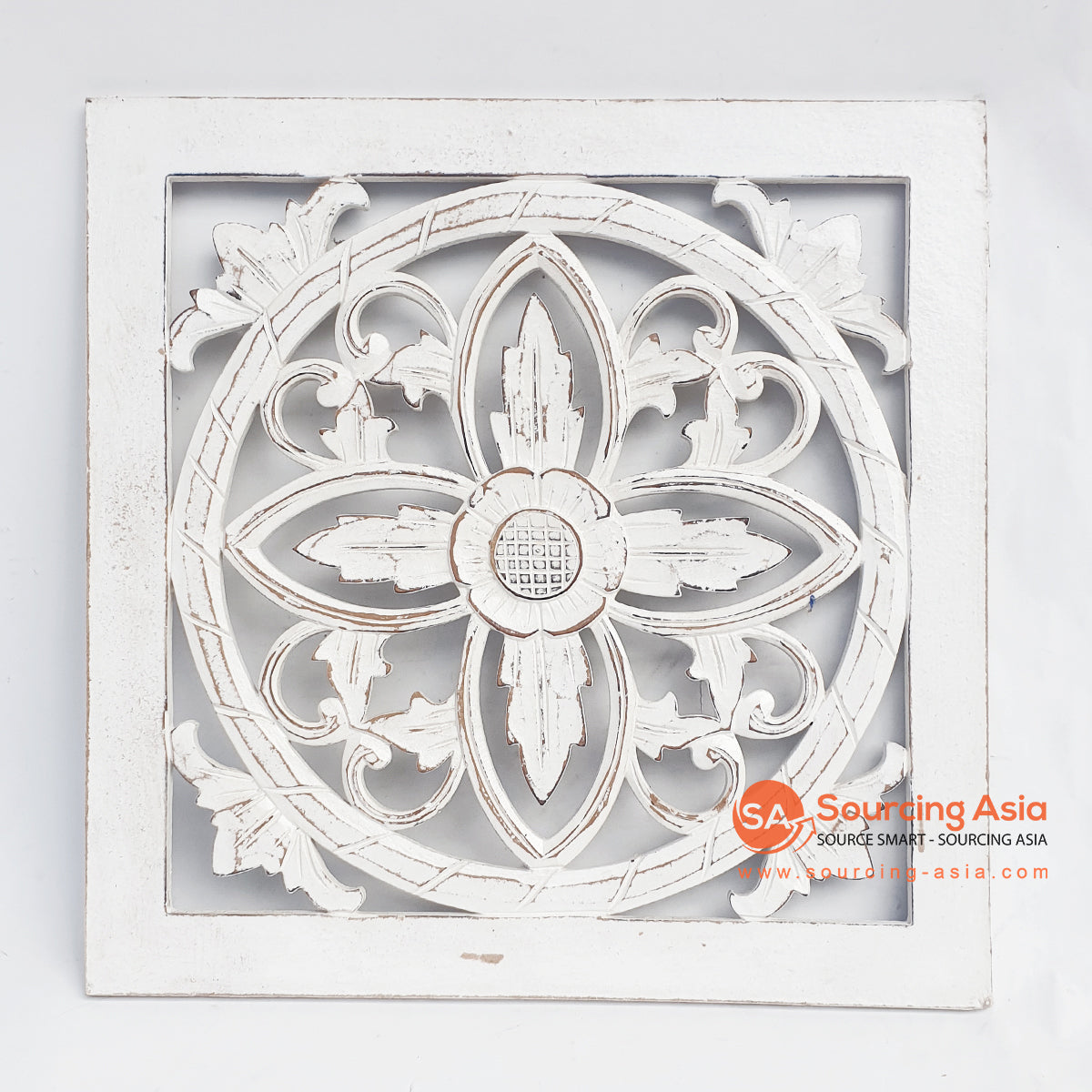 LUHC018-14 WHITE WASH WOODEN SQUARE FLOWER CARVED PANEL