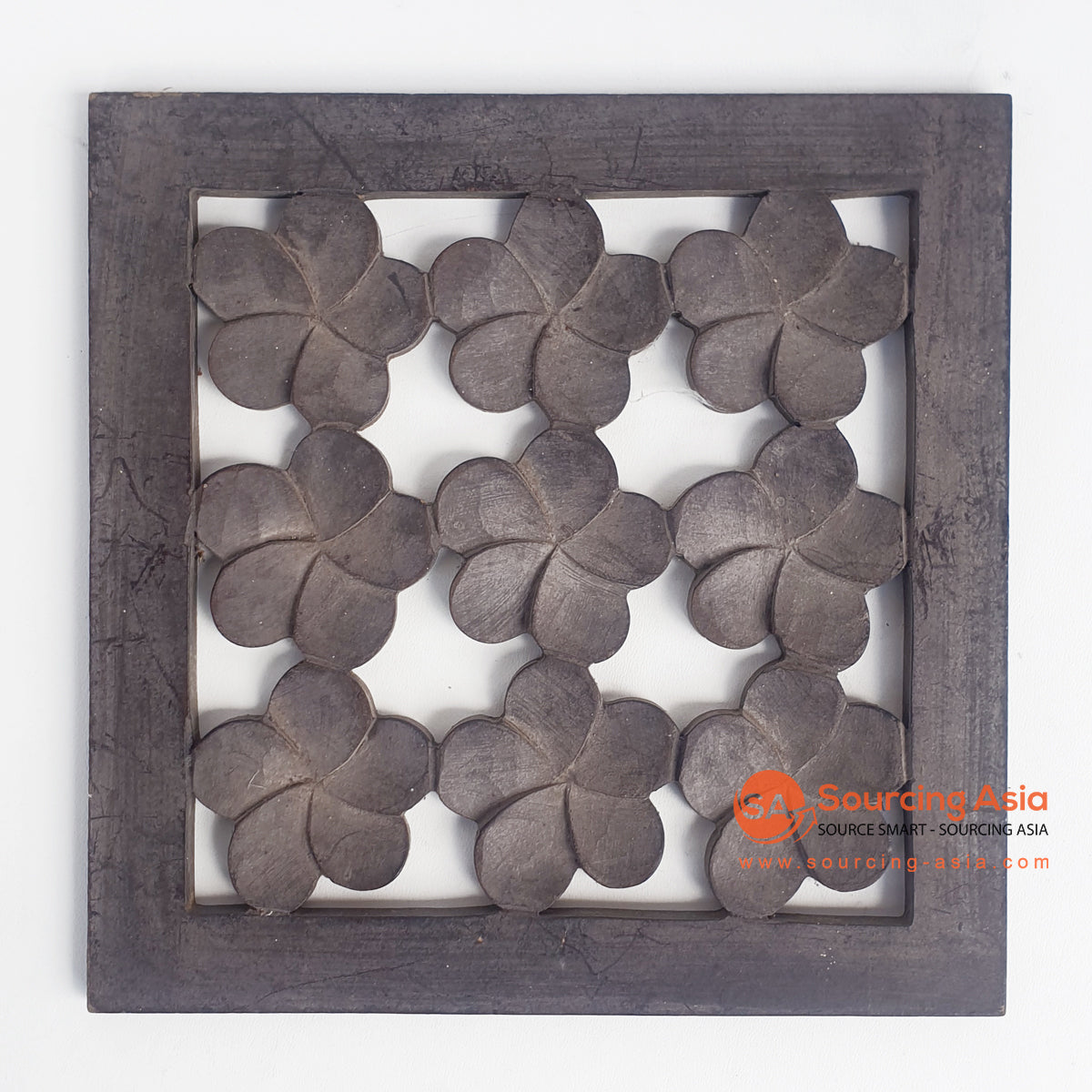 LUHC018-4 DARK BROWN WOODEN SQUARE FRANGIPANI CARVED PANEL