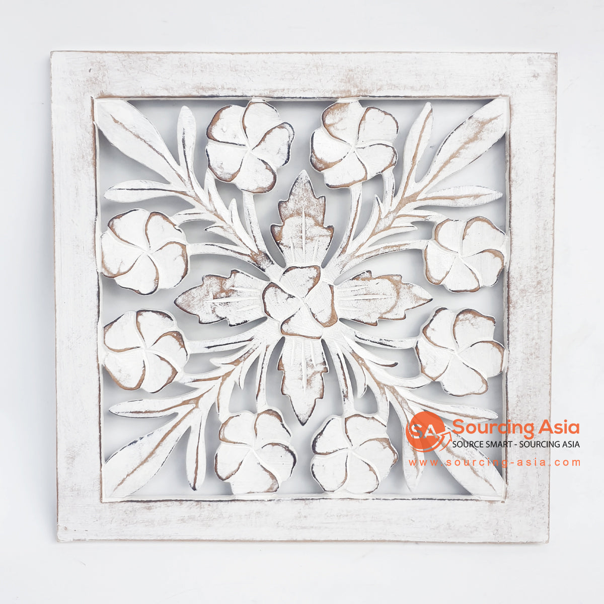 LUHC018-6 WHITE WASH WOODEN SQUARE FLOWER CARVED PANEL